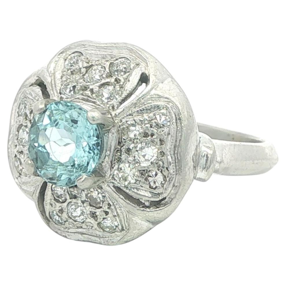 Antique Platinum Round Aquamarine w/ Old Pave Diamond 4 Leaf Clover Ring For Sale