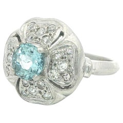 Antique Platinum Round Aquamarine w/ Old Pave Diamond 4 Leaf Clover Ring