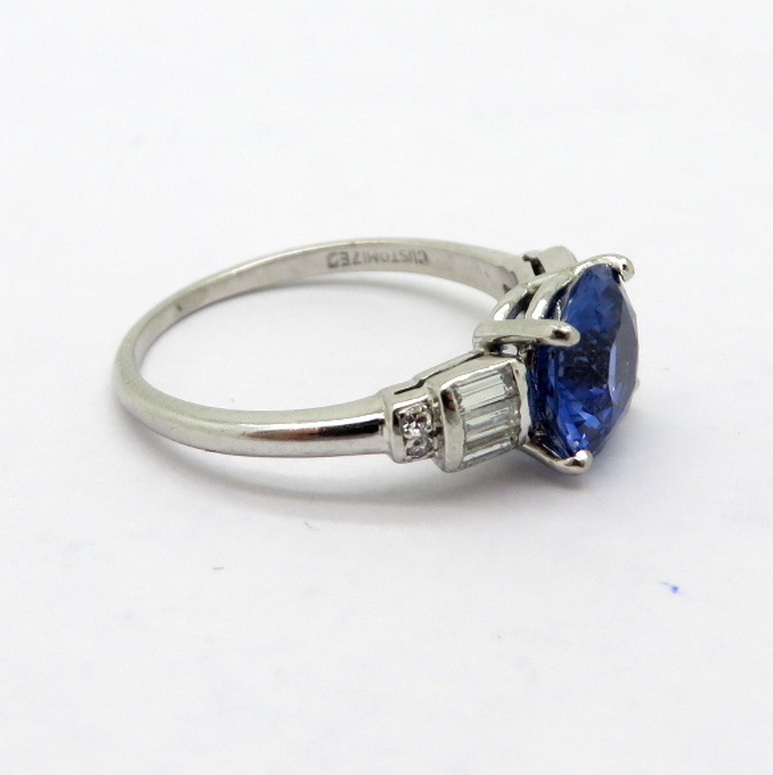 Antique Platinum Round Sapphire and Baguette Diamond Fashion Statement Ring In Excellent Condition In Scottsdale, AZ