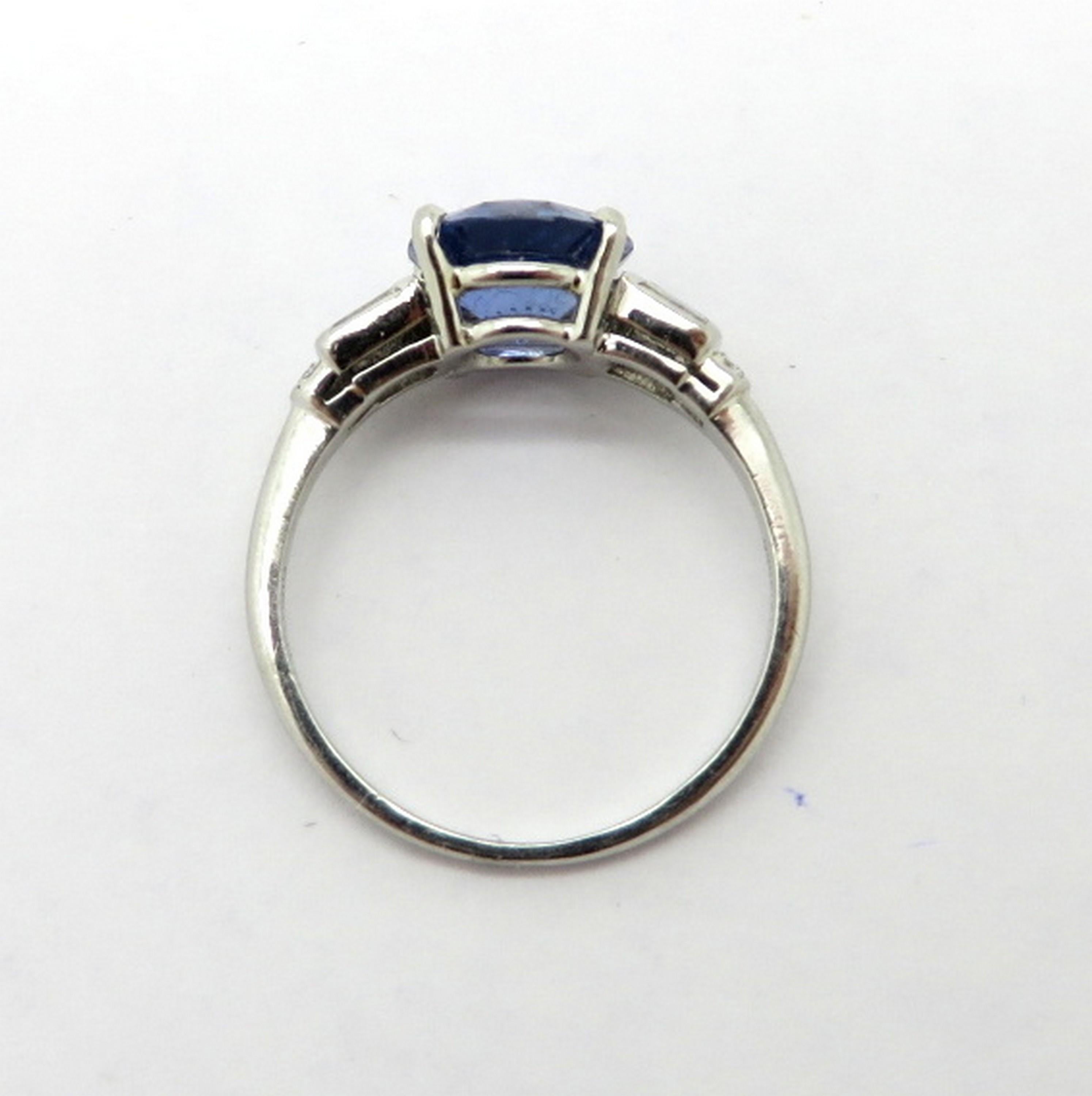 Women's Antique Platinum Round Sapphire and Baguette Diamond Fashion Statement Ring