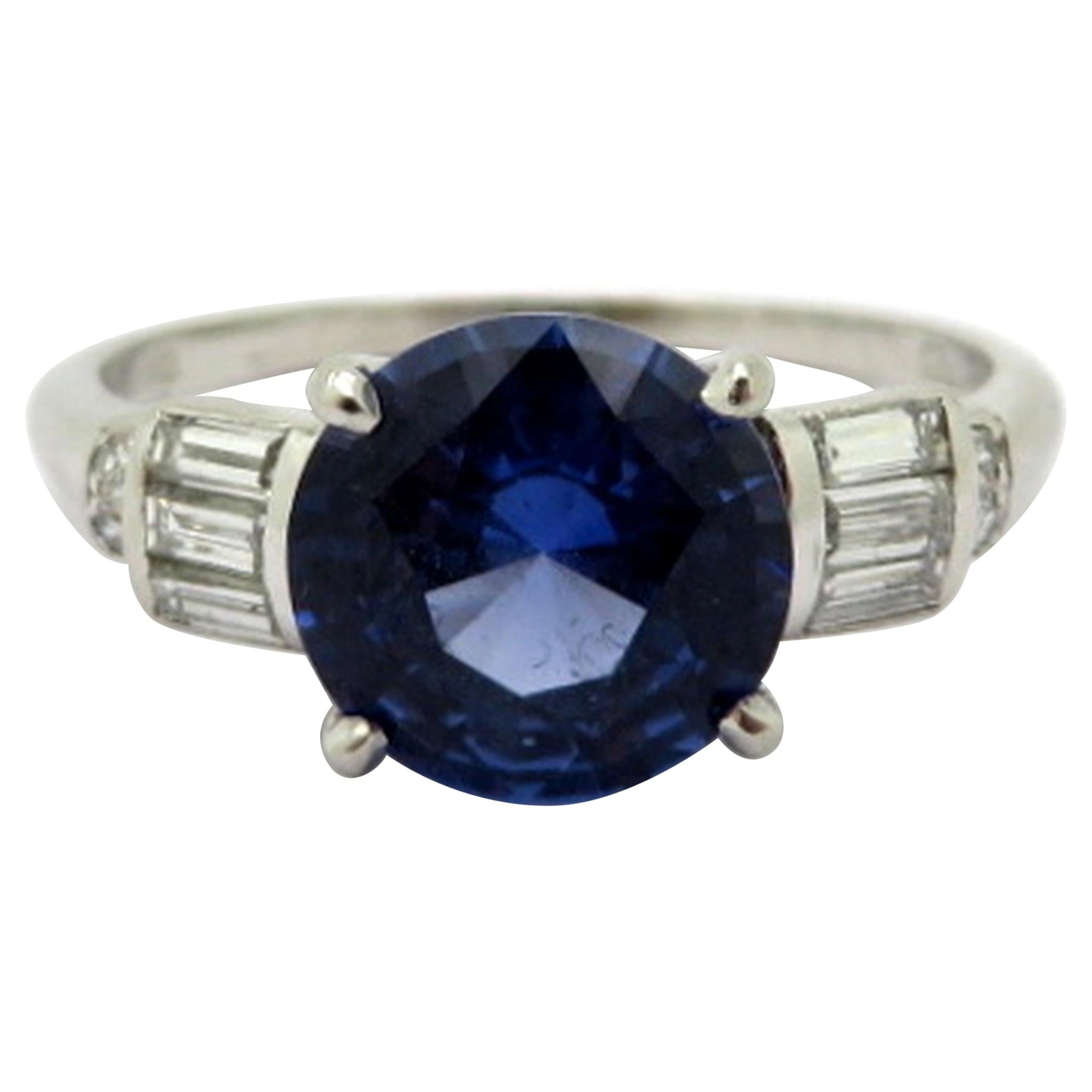 Antique Platinum Round Sapphire and Baguette Diamond Fashion Statement Ring