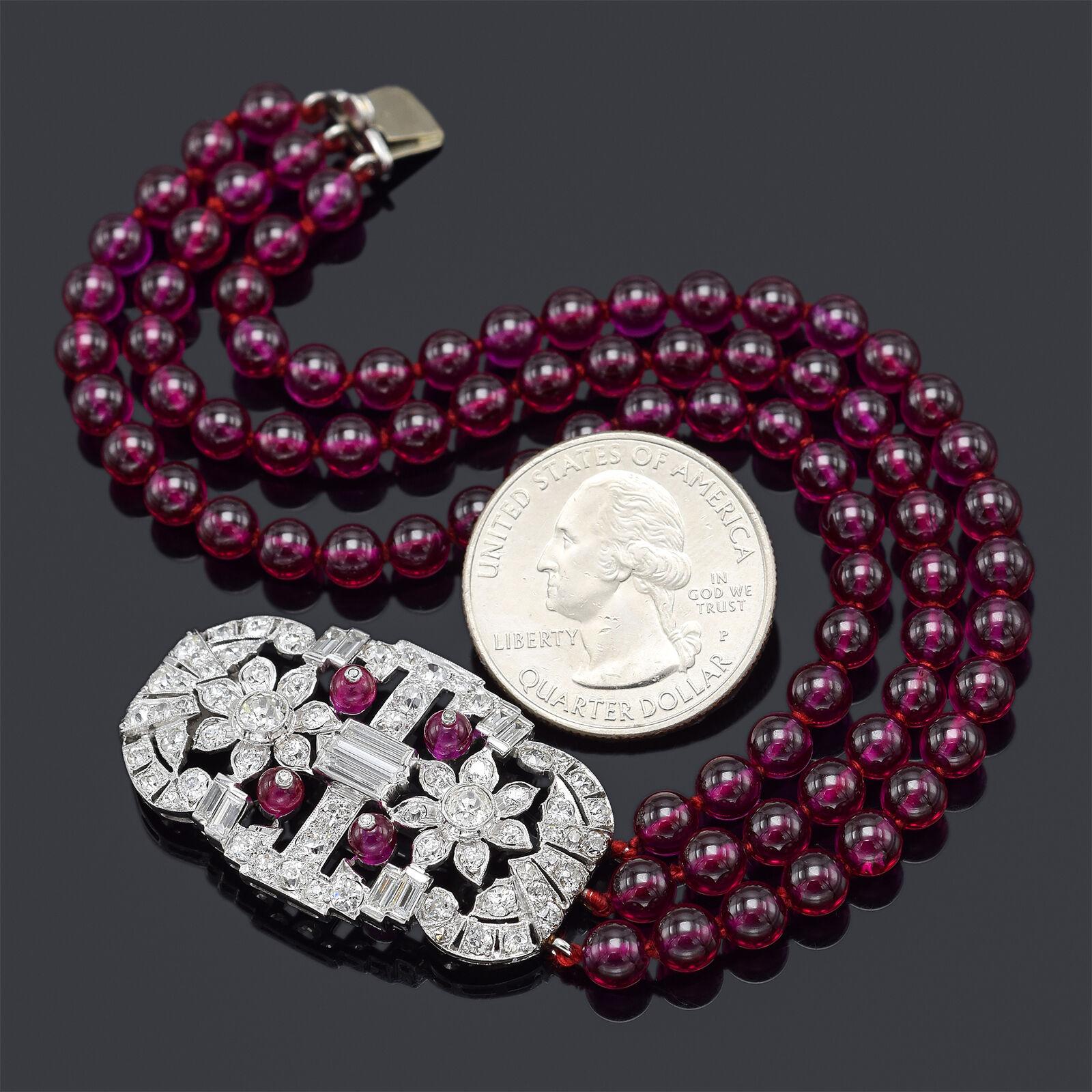 Mehrreihiges Art Deco Rubin & 3,85 TCW Diamant Platin Perlen-Armband (Art déco) im Angebot