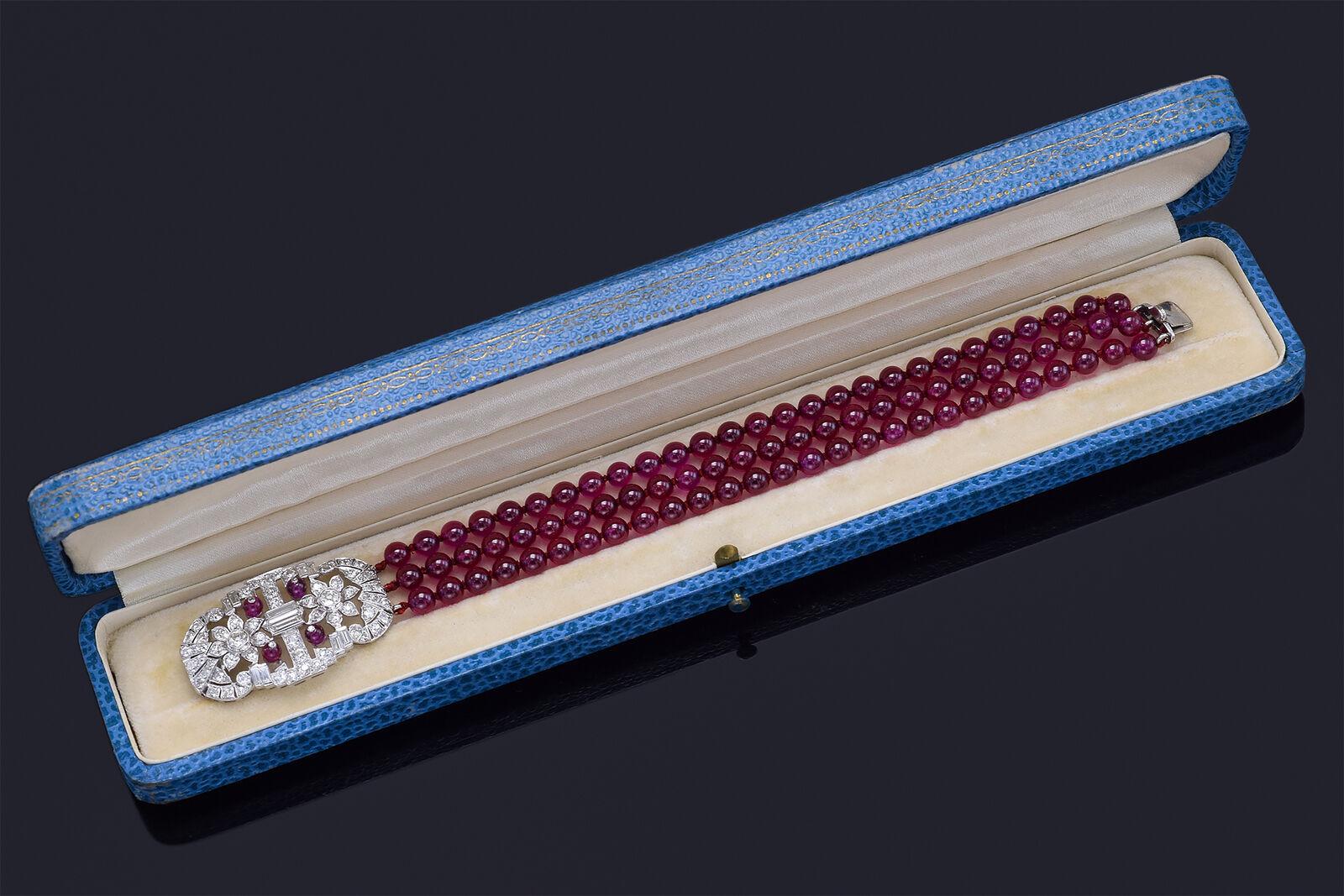 Mehrreihiges Art Deco Rubin & 3,85 TCW Diamant Platin Perlen-Armband (Alteuropäischer Schliff) im Angebot