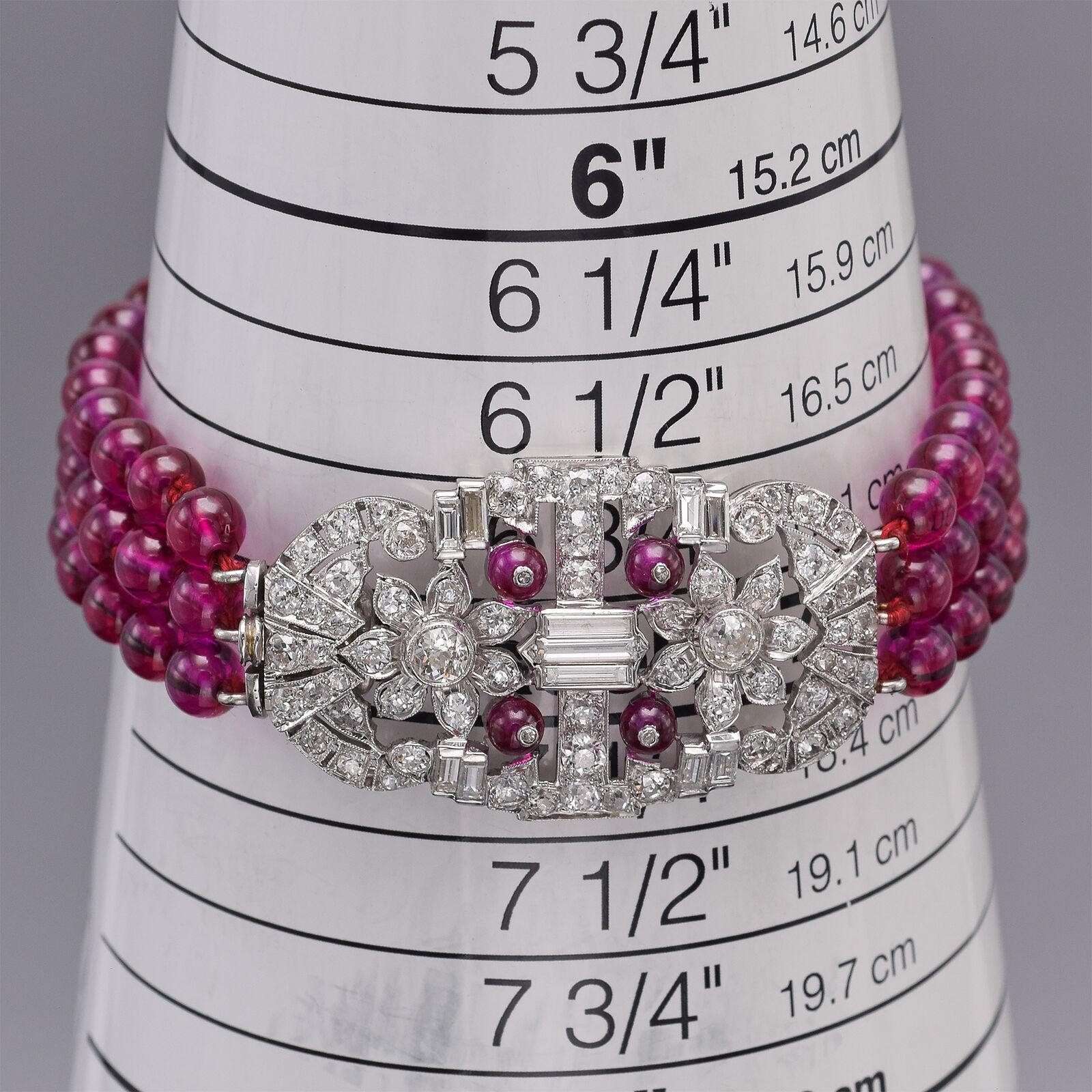 Women's Art Deco Ruby & 3.85 TCW Diamond Platinum Beaded Multi-Strand Bracelet For Sale