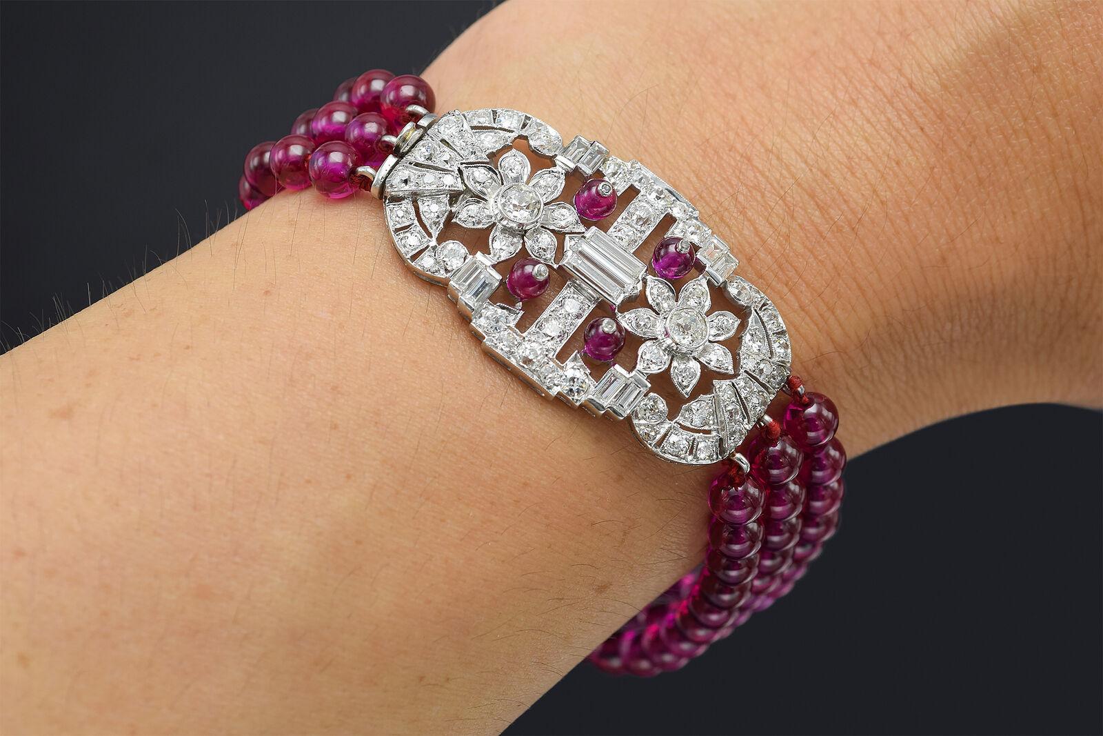 Art Deco Ruby & 3.85 TCW Diamond Platinum Beaded Multi-Strand Bracelet For Sale 1