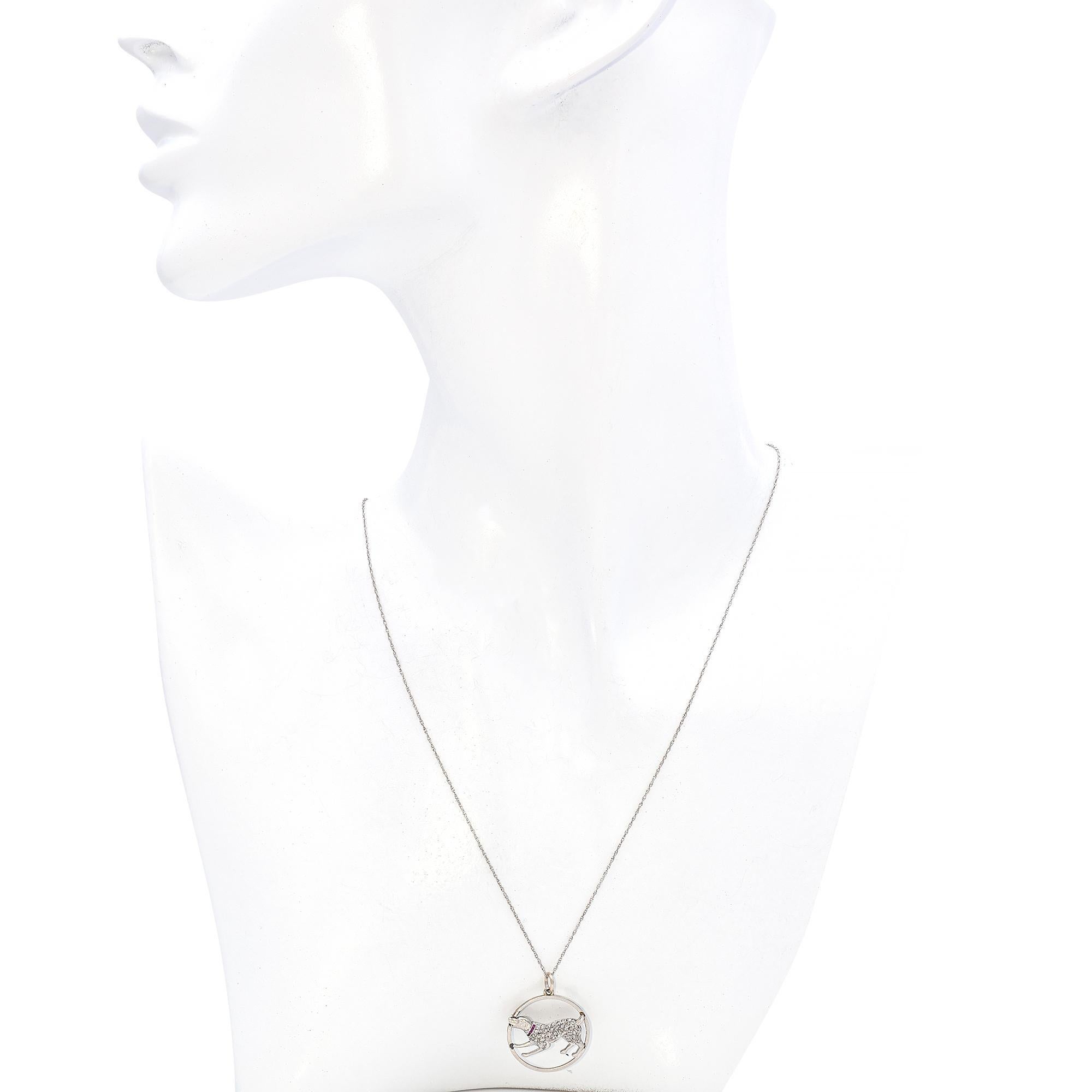 De las mujeres Colgante Perro Antiguo de Platino, Rubí y Diamantes con Cadena de Oro de 14K
