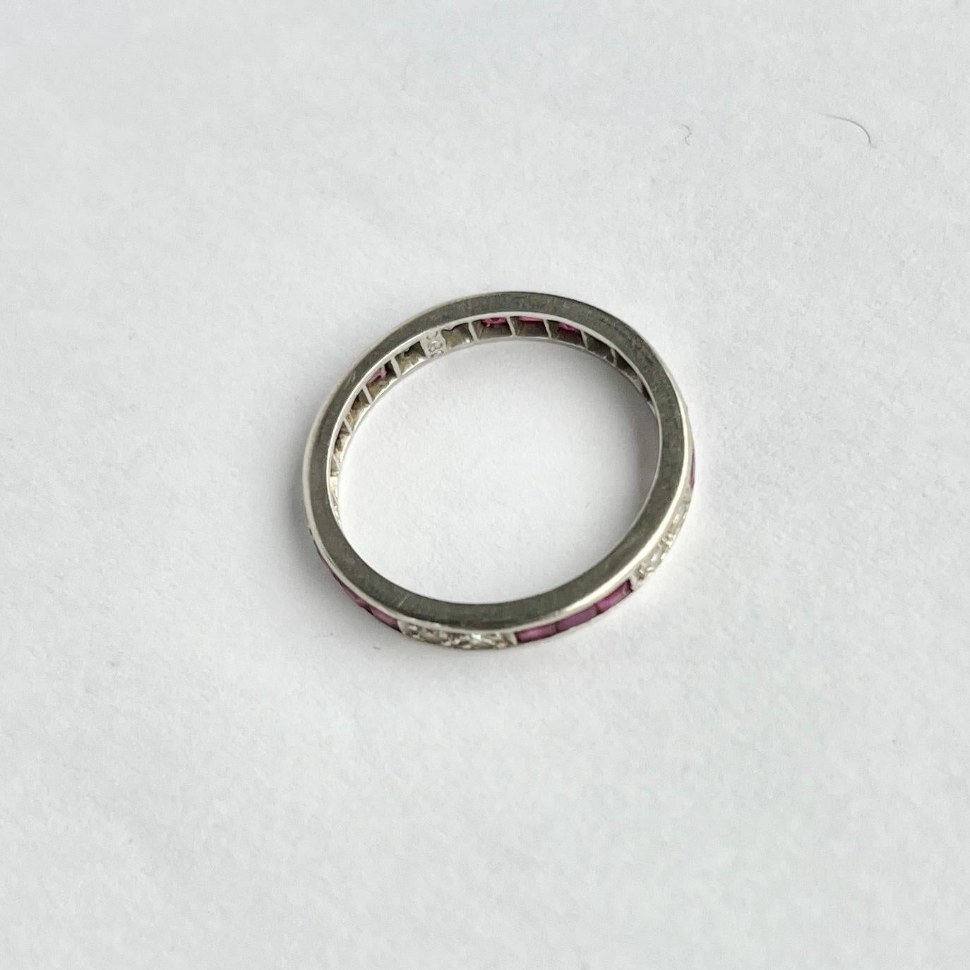 Art Deco Antique Platinum Ruby and Diamond Full Eternity Band Ring For Sale