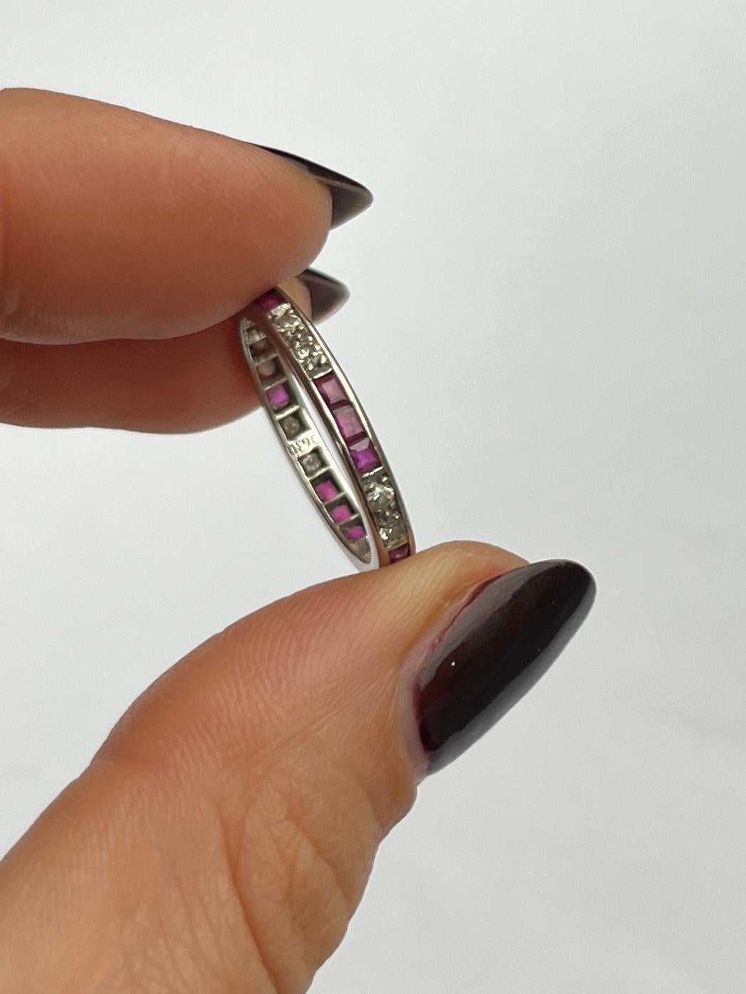 Round Cut Antique Platinum Ruby and Diamond Full Eternity Band Ring For Sale
