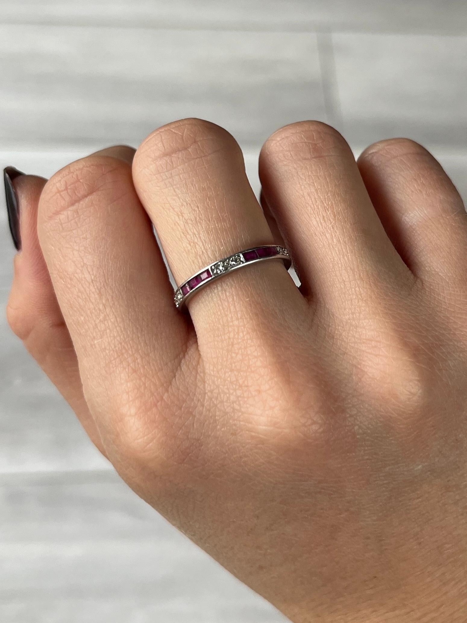 Women's or Men's Antique Platinum Ruby and Diamond Full Eternity Band Ring For Sale