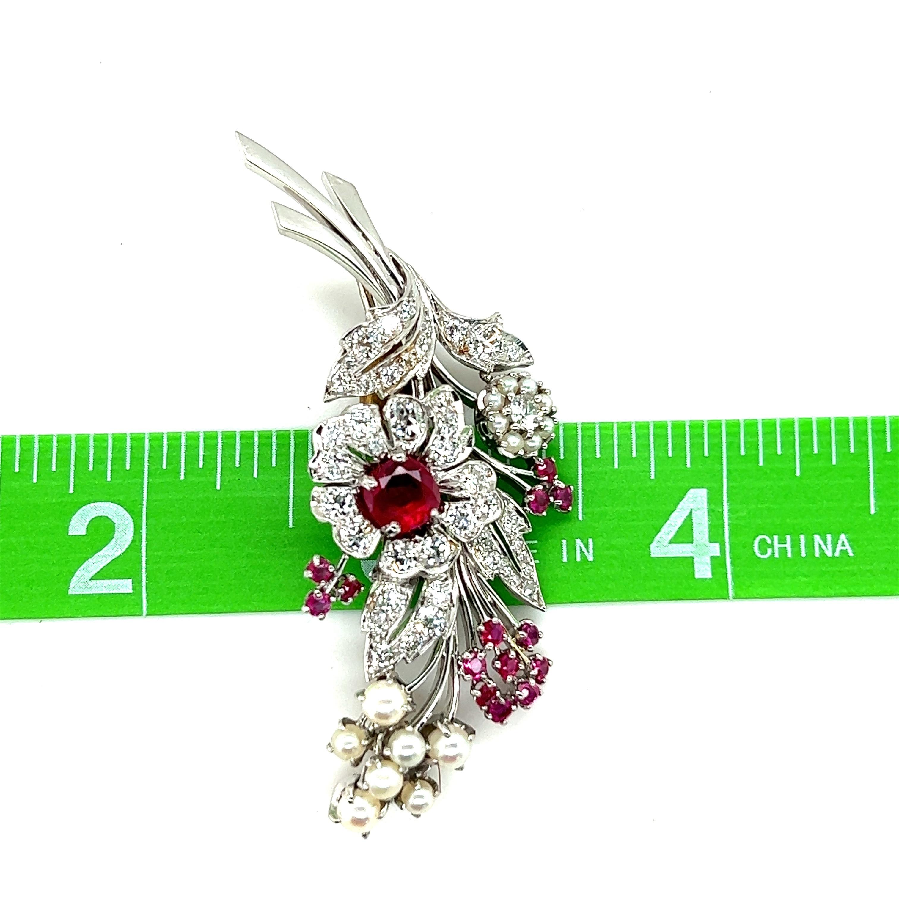 Antique Platinum Ruby, Diamond, and Pearl Spray Brooch, c. 1890 In Good Condition For Sale In Towson, MD