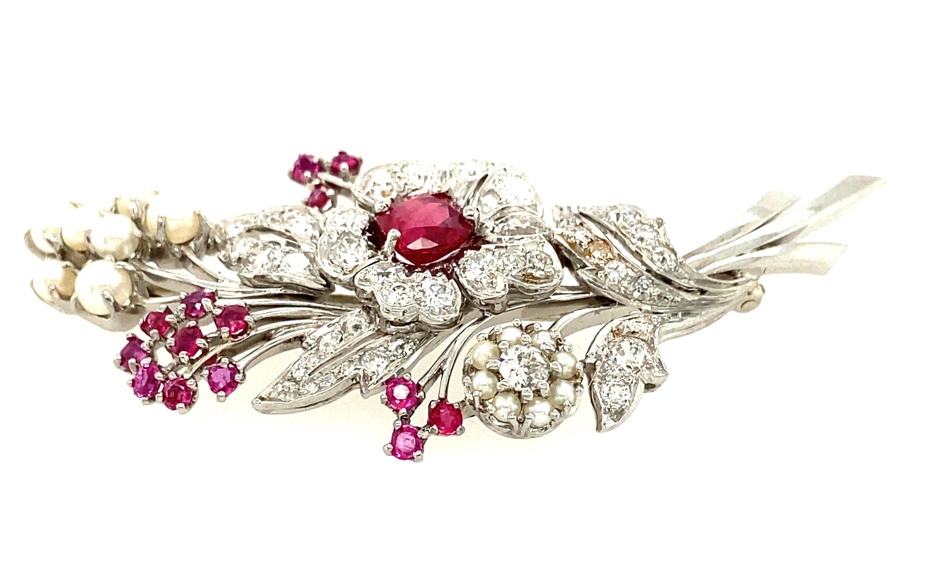 Late Victorian Antique Platinum Ruby, Diamond, and Pearl Spray Brooch, c. 1890 For Sale