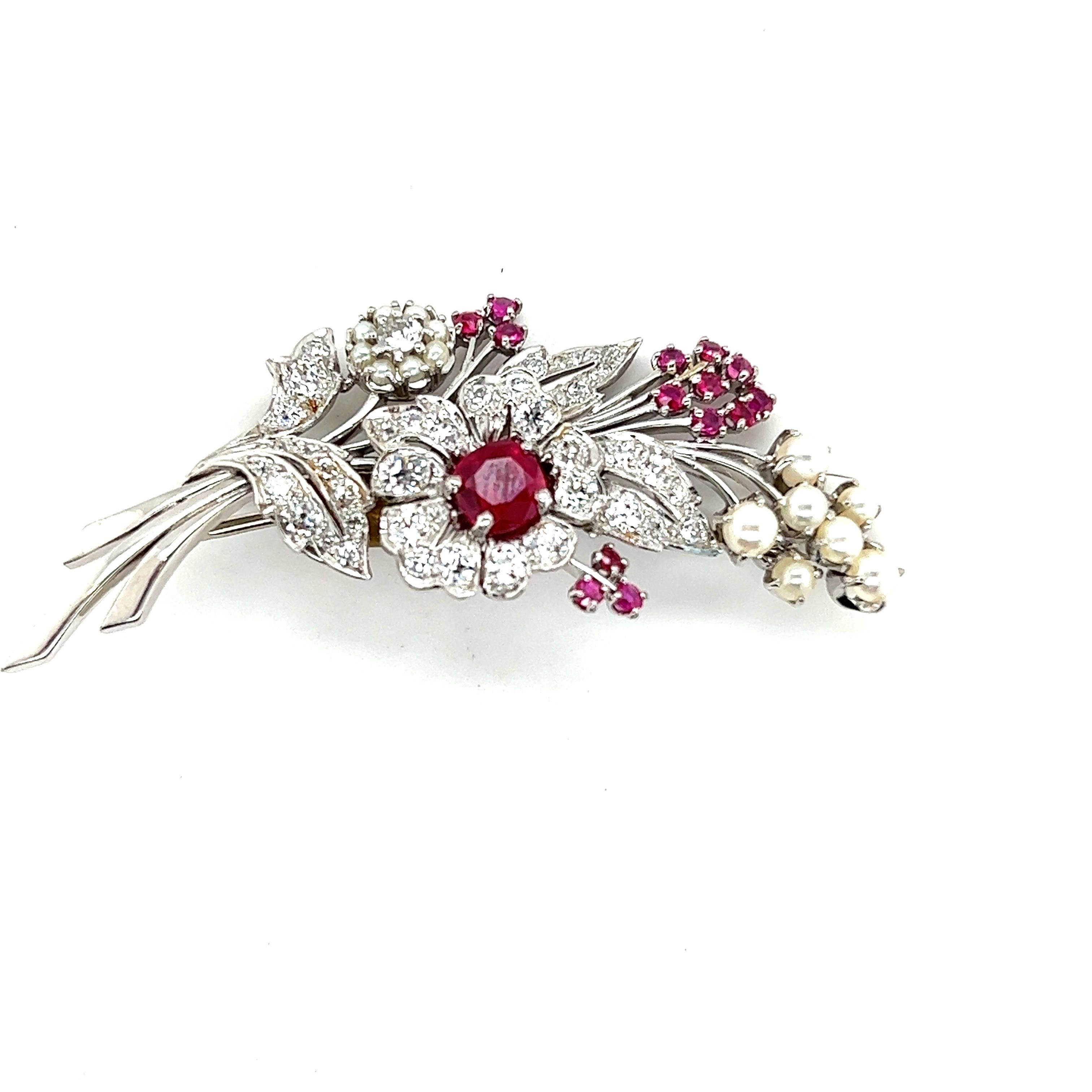 Antique Platinum Ruby, Diamond, and Pearl Spray Brooch, c. 1890 For Sale 1