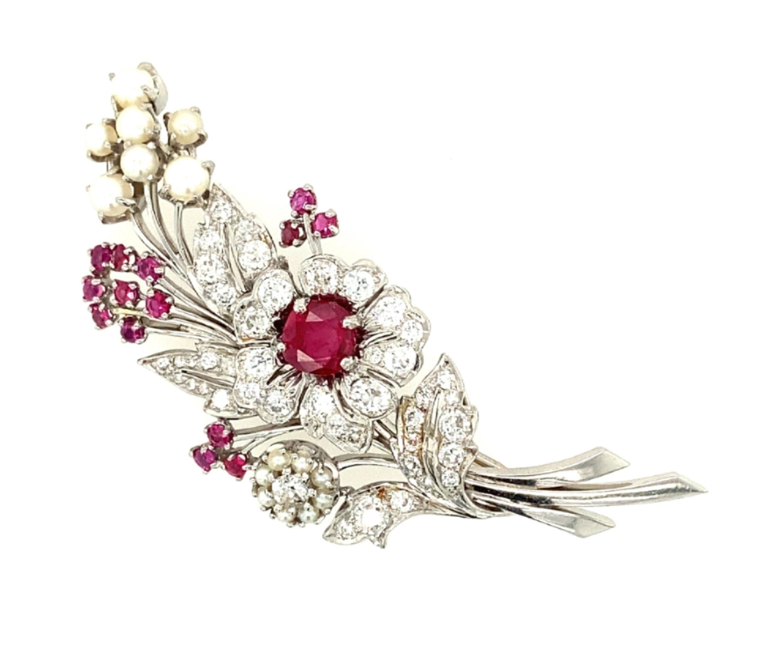 Old European Cut Antique Platinum Ruby, Diamond, and Pearl Spray Brooch, c. 1890 For Sale