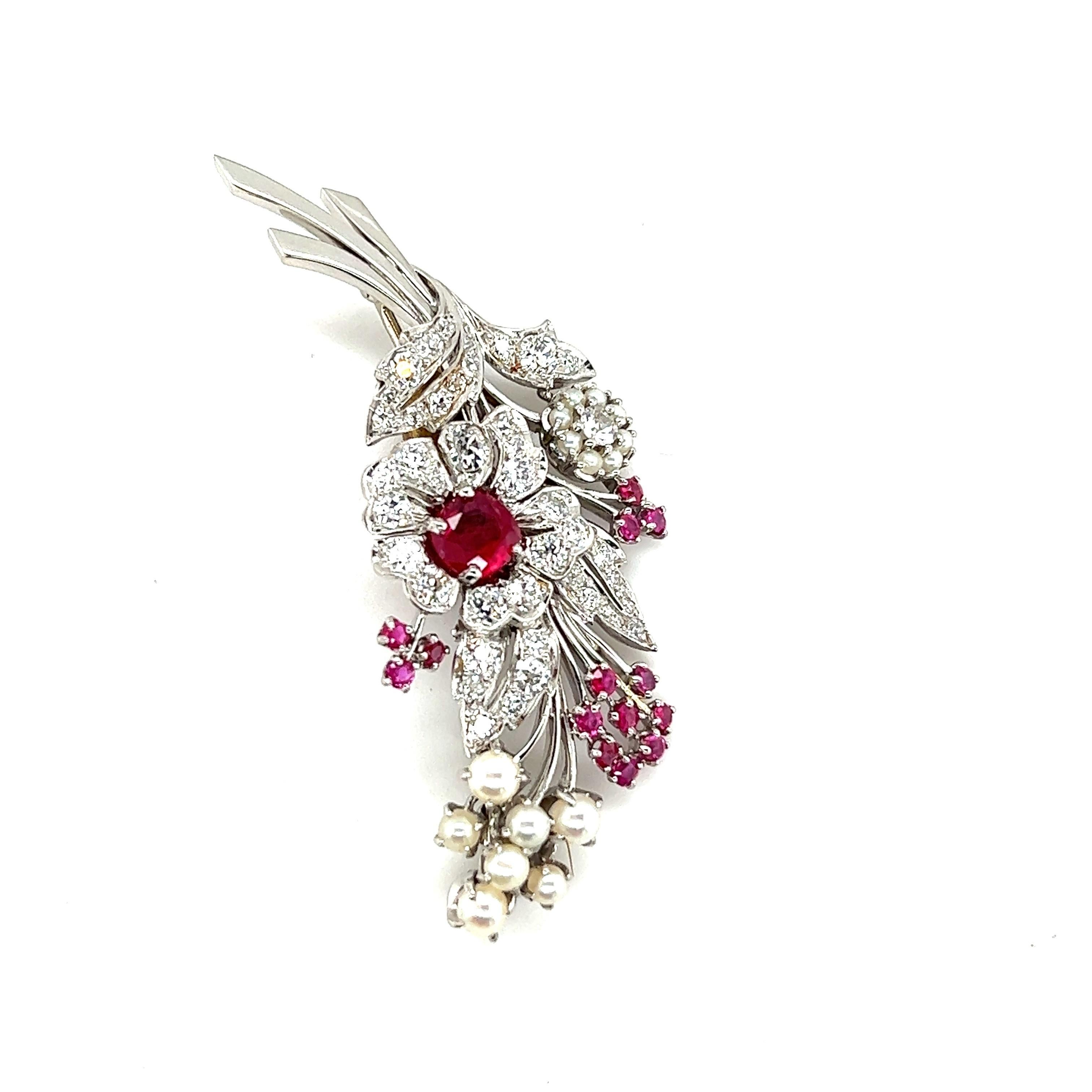 Antique Platinum Ruby, Diamond, and Pearl Spray Brooch, c. 1890 For Sale 2