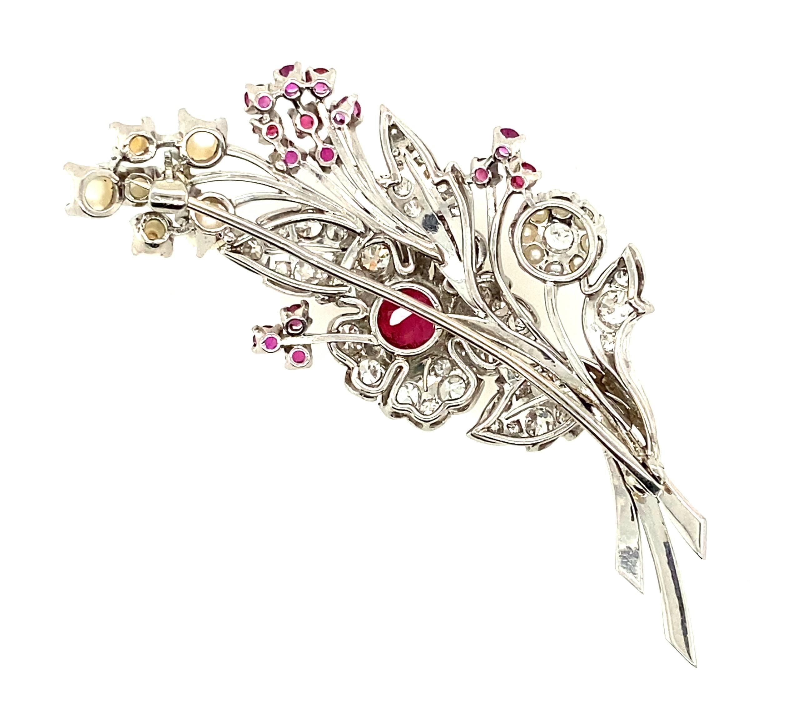 Antique Platinum Ruby, Diamond, and Pearl Spray Brooch, c. 1890 For Sale 3