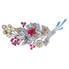 Antique Platinum Ruby, Diamond, and Pearl Spray Brooch, c. 1890