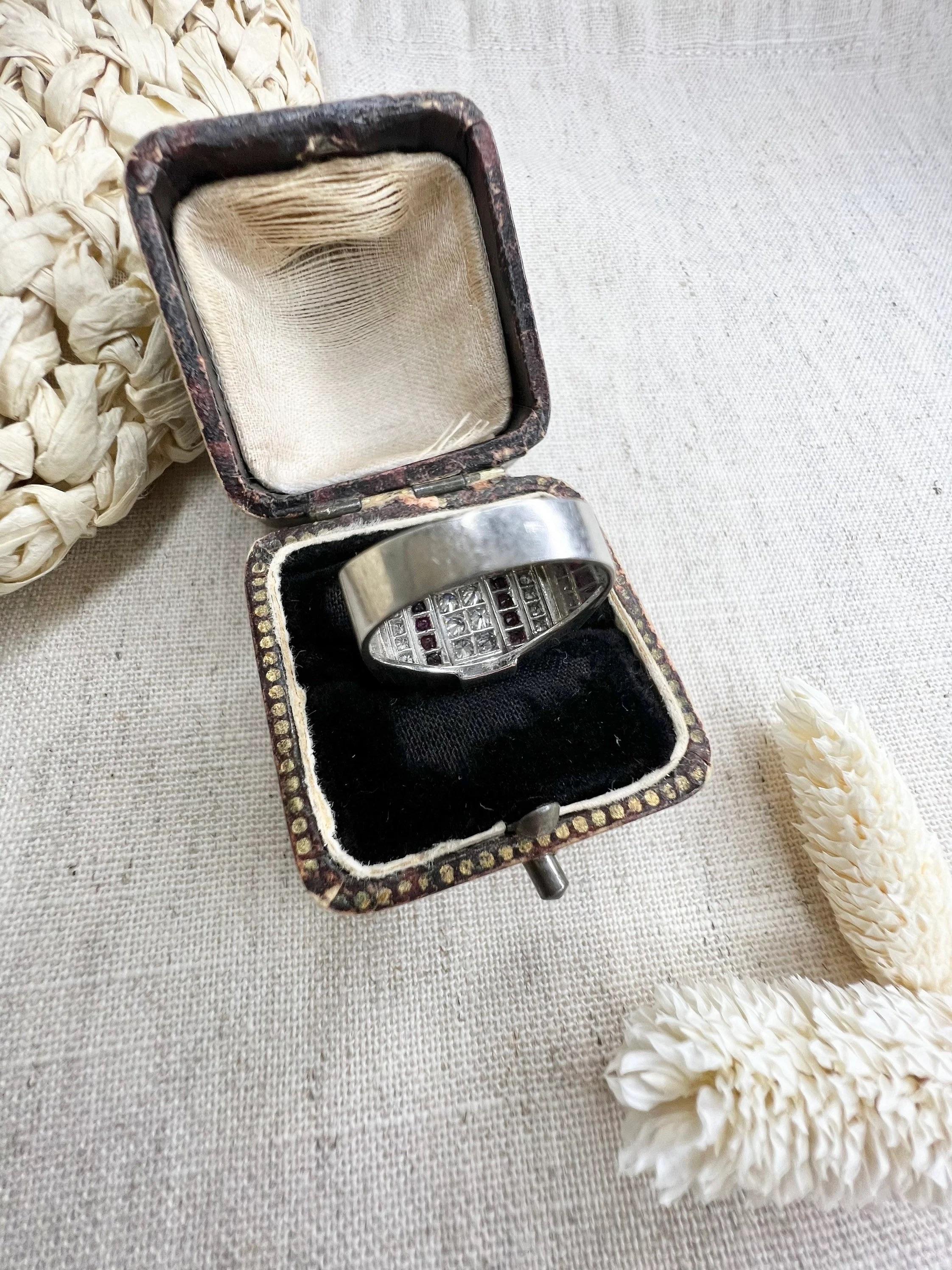 Antique Platinum Ruby & Diamond Art Deco Plaque / Tank Ring For Sale 6