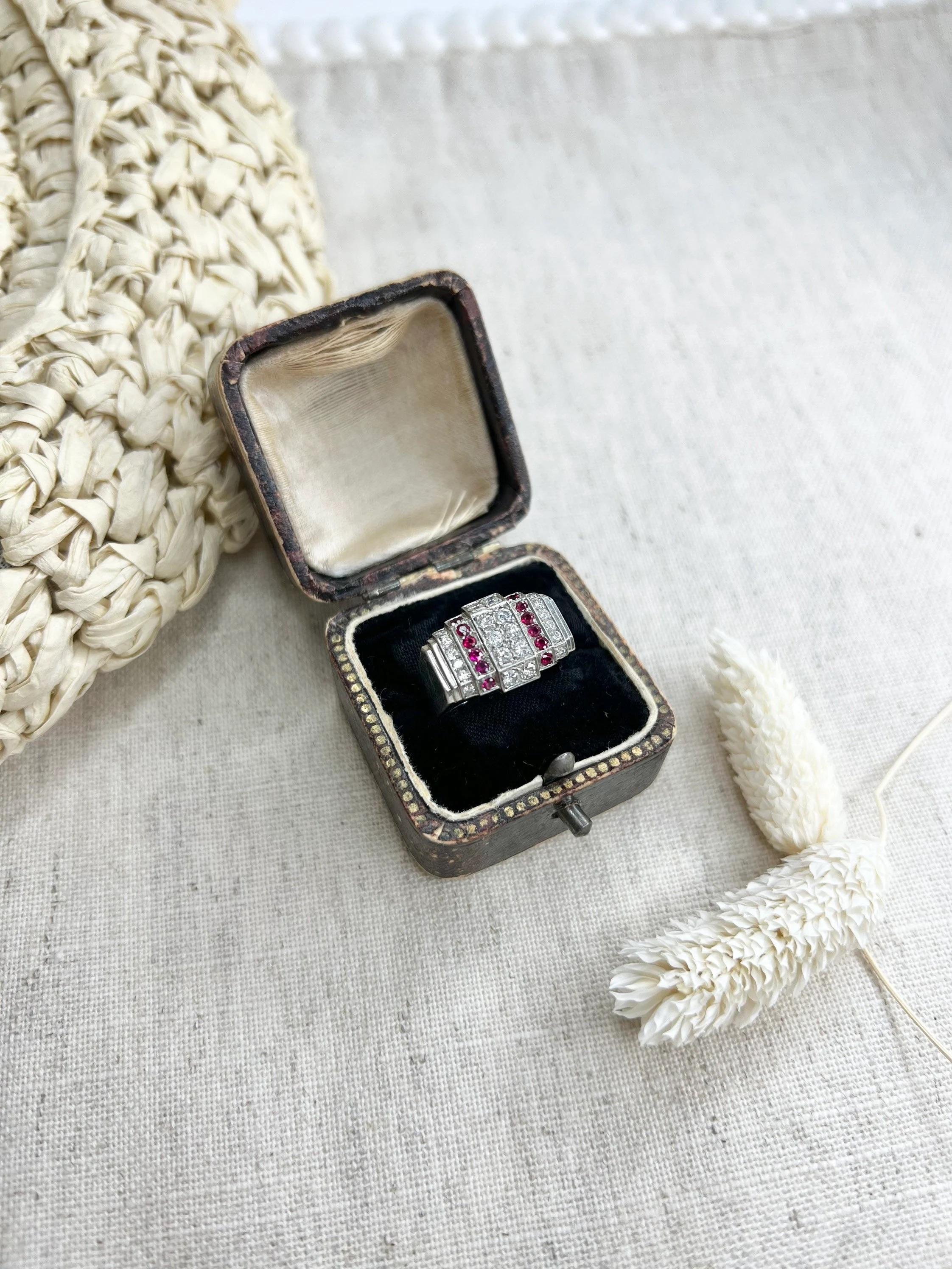 Old European Cut Antique Platinum Ruby & Diamond Art Deco Plaque / Tank Ring For Sale