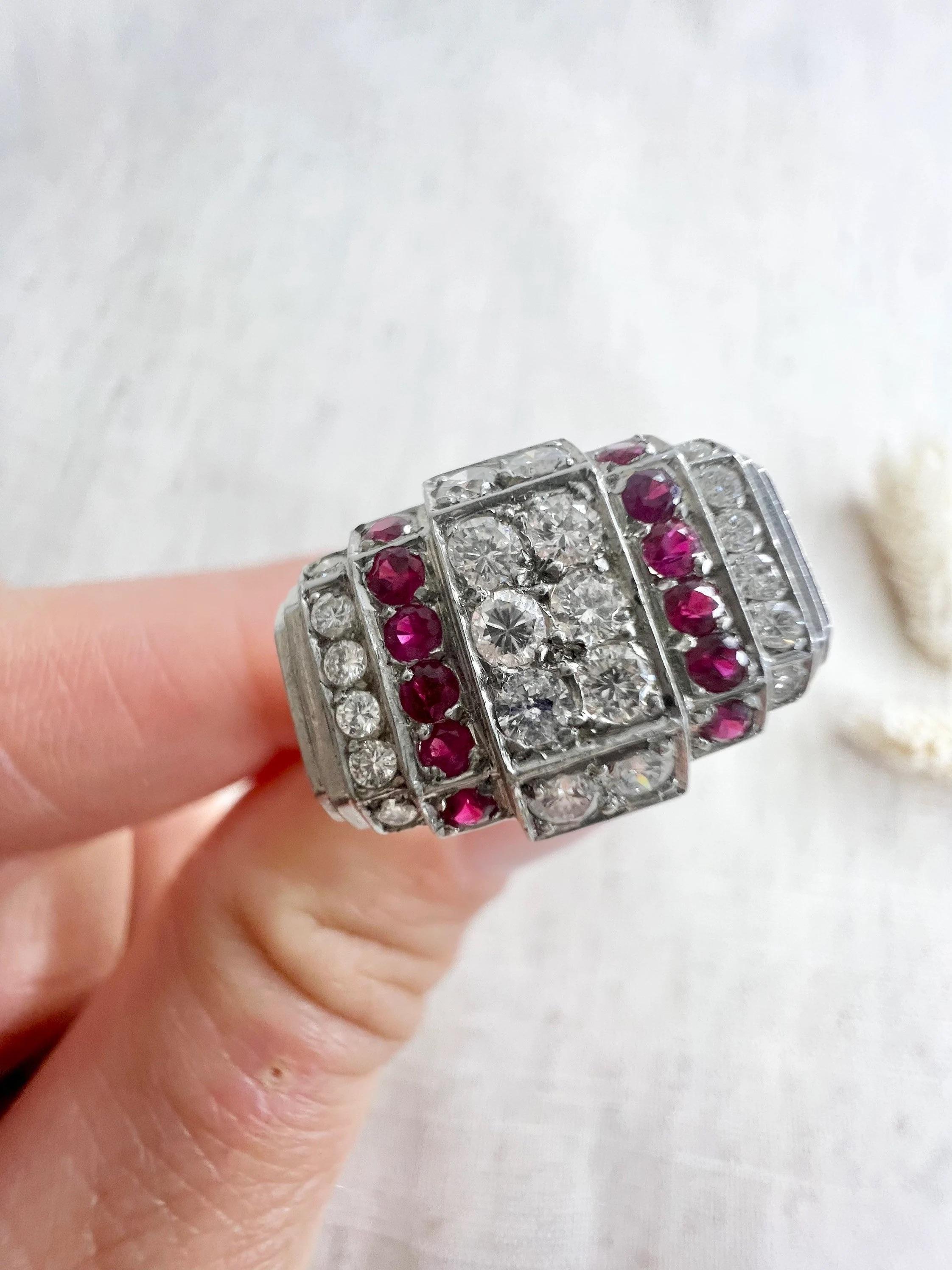 Women's or Men's Antique Platinum Ruby & Diamond Art Deco Plaque / Tank Ring For Sale