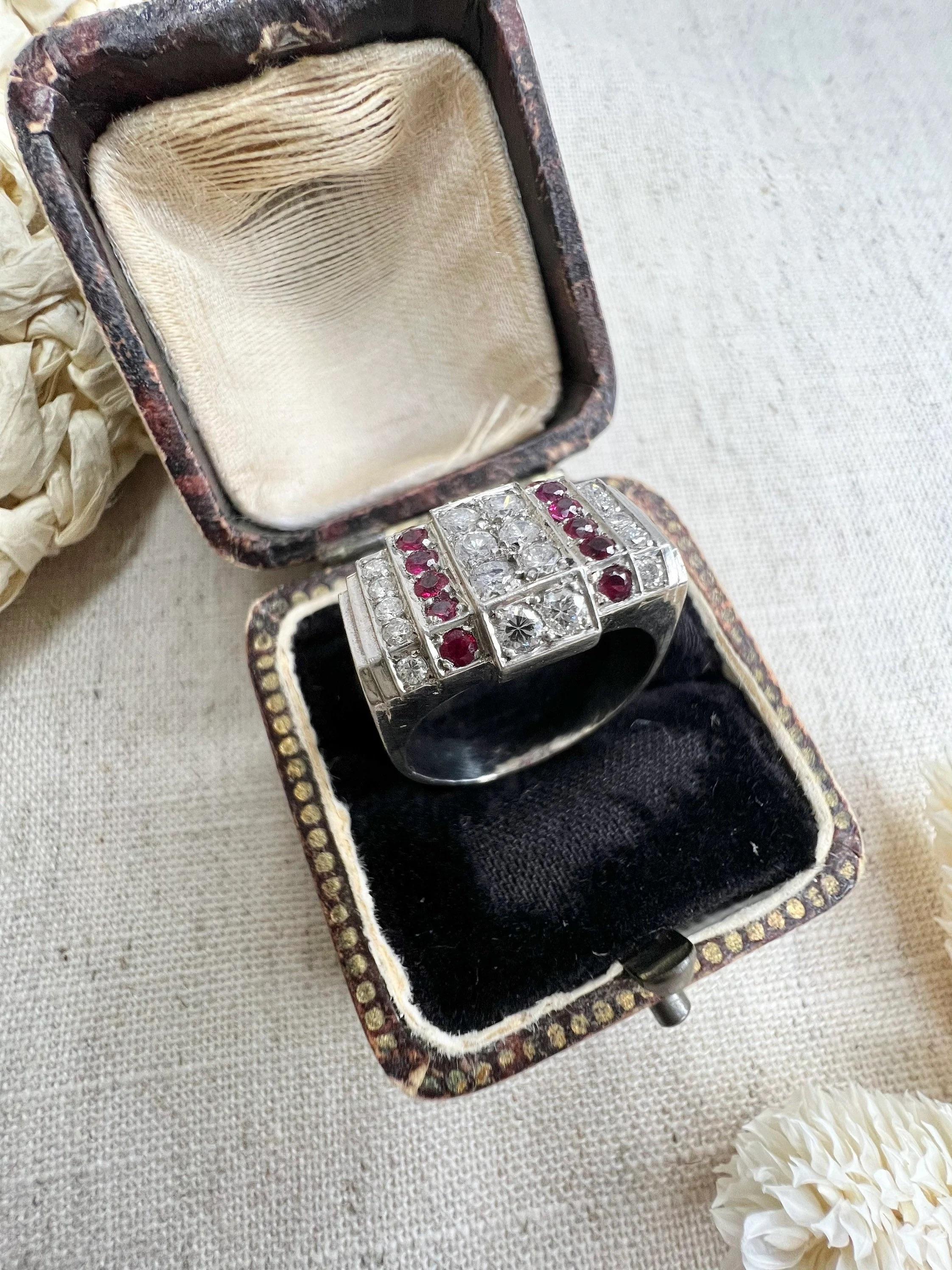 Antique Platinum Ruby & Diamond Art Deco Plaque / Tank Ring For Sale 1