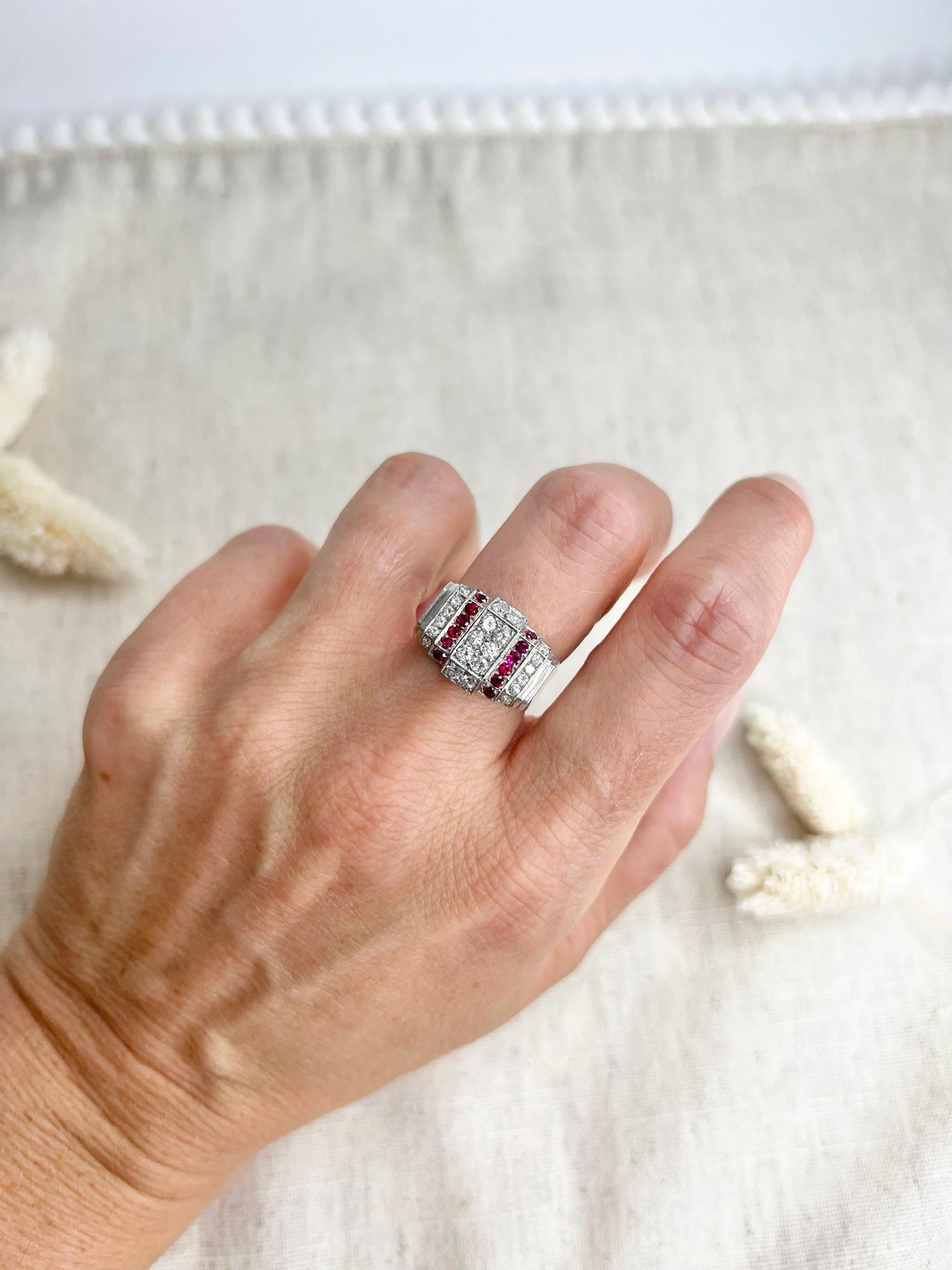 Antique Platinum Ruby & Diamond Art Deco Plaque / Tank Ring For Sale 2