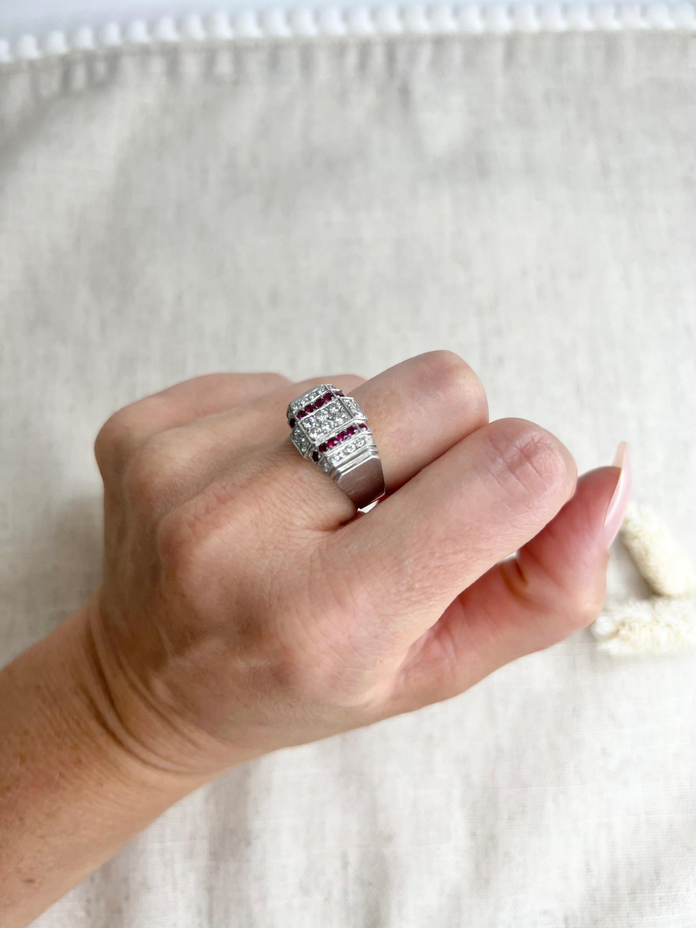 Antique Platinum Ruby & Diamond Art Deco Plaque / Tank Ring For Sale 4