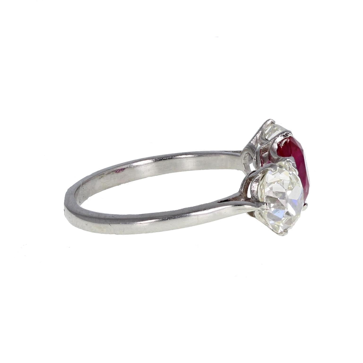 Edwardian Antique Platinum Ruby Diamond Three-Stone Trilogy Ring For Sale