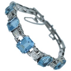 Antique Platinum Santa Maria Aquamarine Bracelet Set with Rose Cut Diamonds