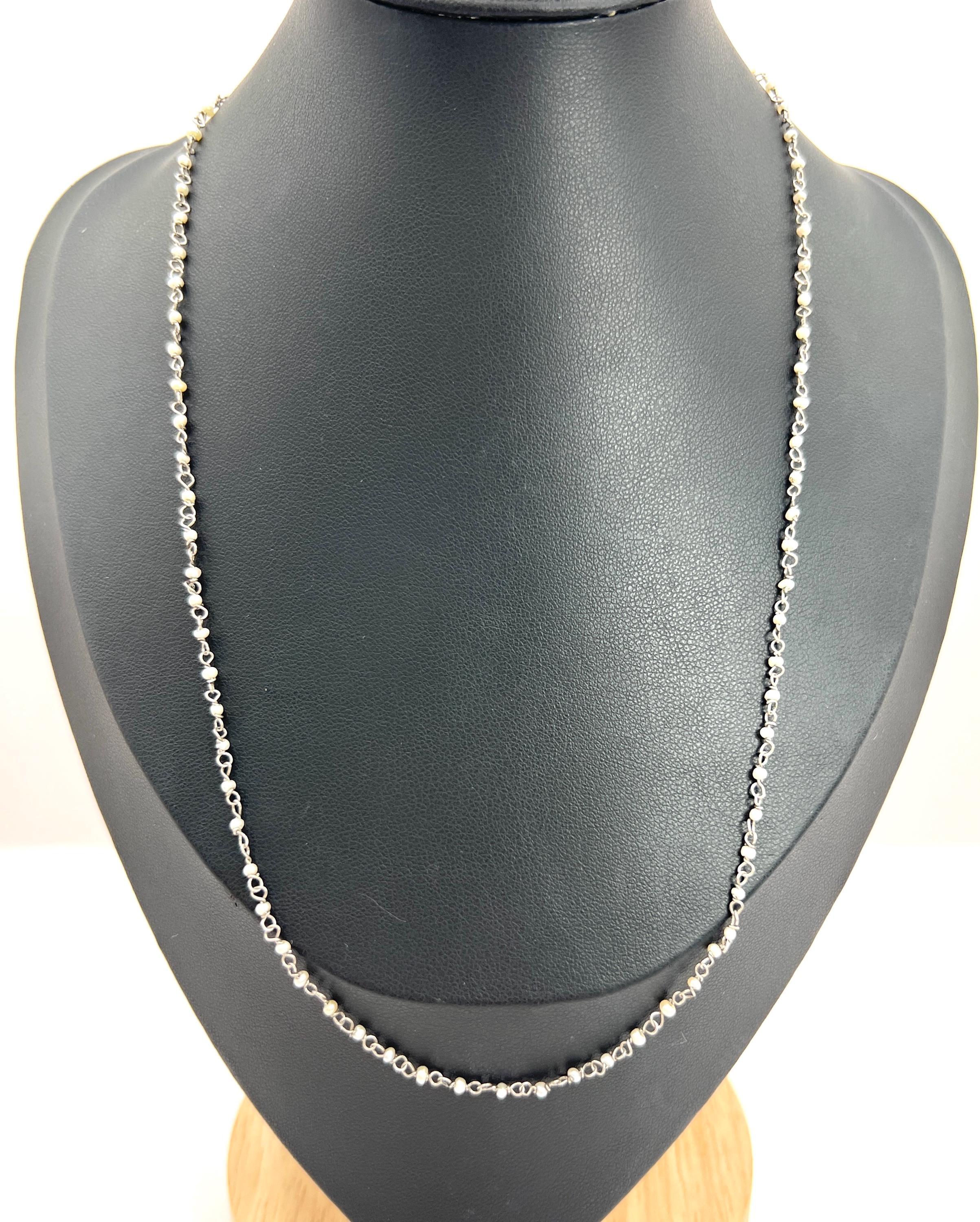 Round Cut Antique Platinum Stamped, Edwardian era Seed Pearl Trace Link Necklace For Sale