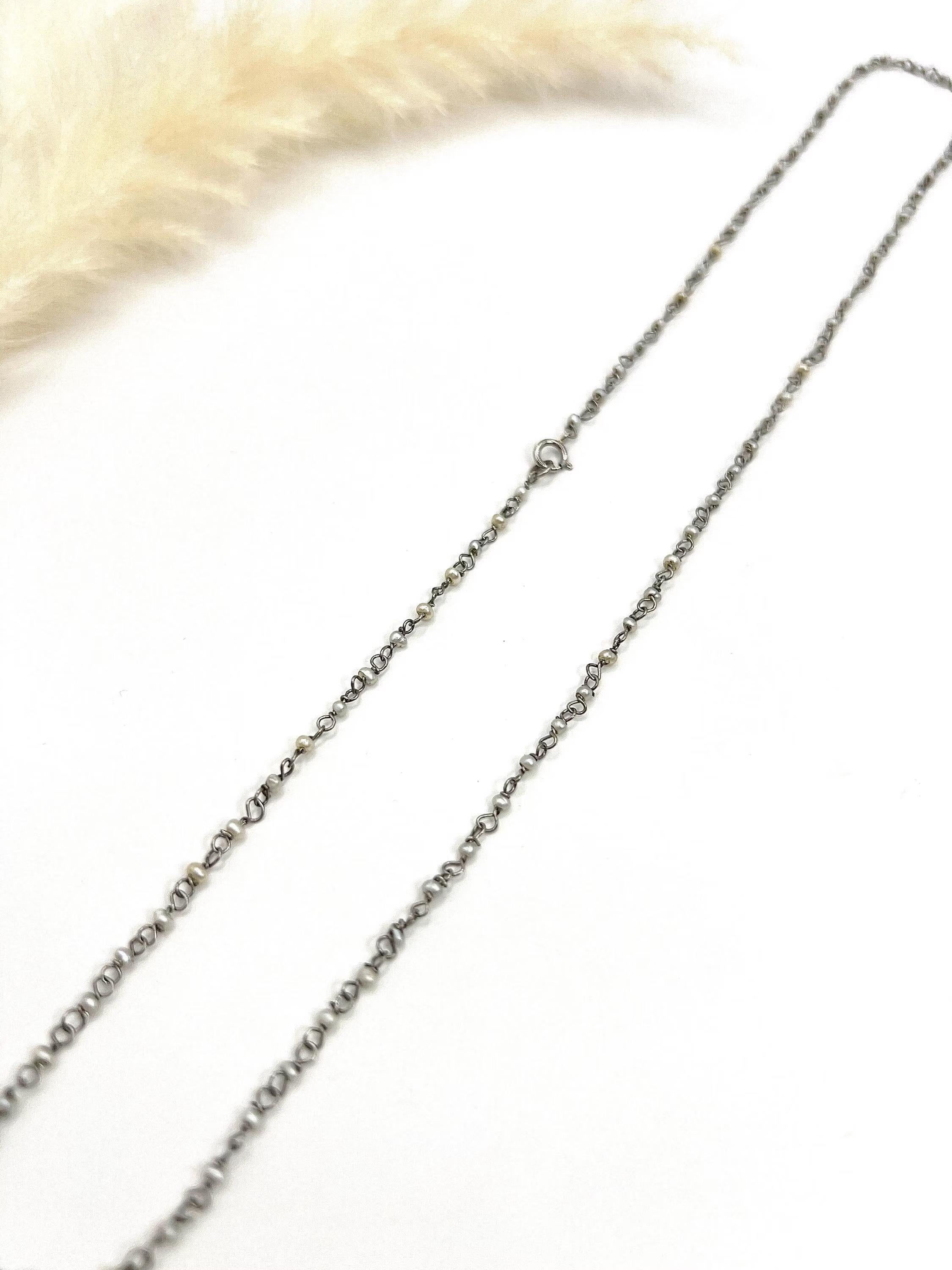 Women's or Men's Antique Platinum Stamped, Edwardian era Seed Pearl Trace Link Necklace For Sale