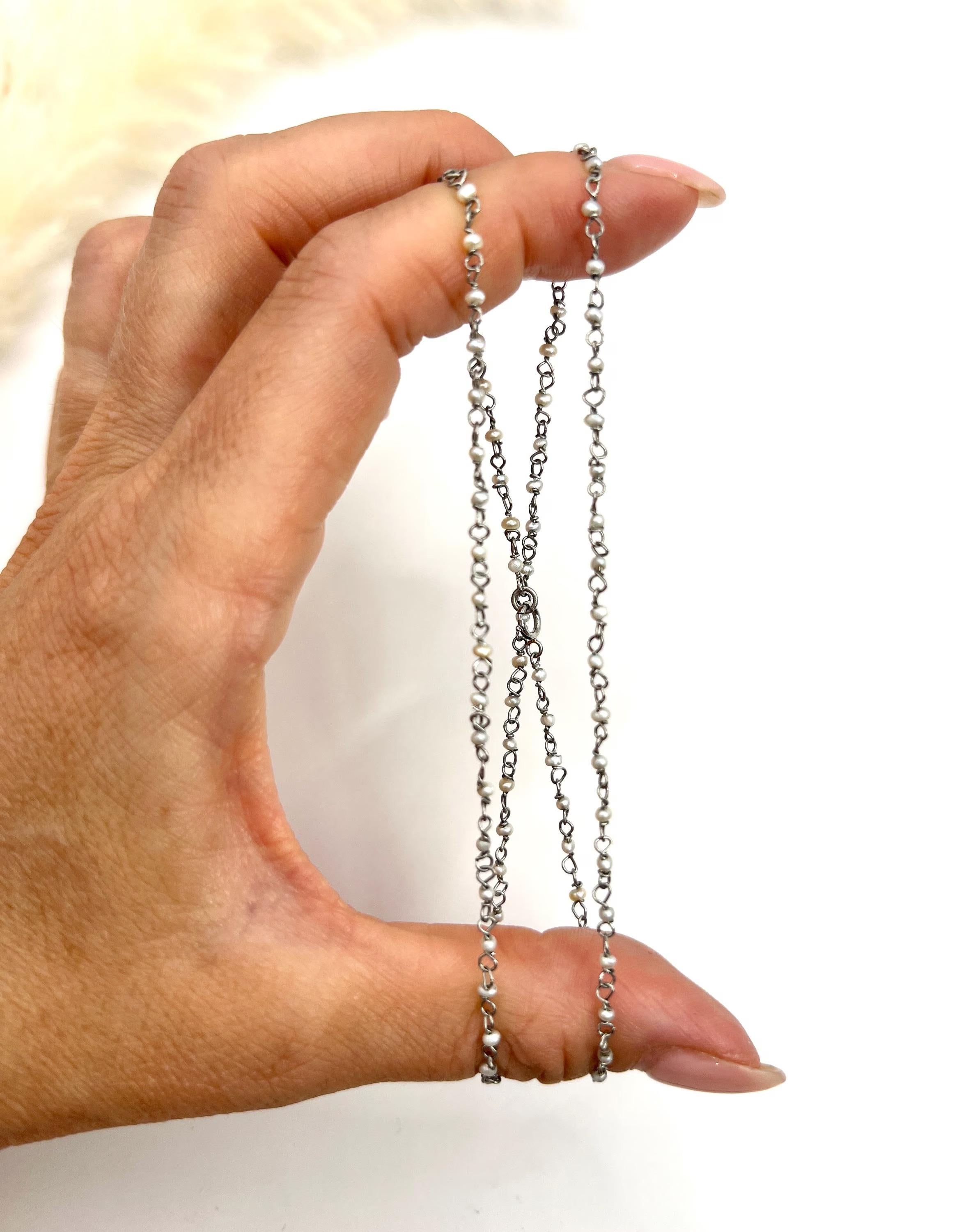 Antique Platinum Stamped, Edwardian era Seed Pearl Trace Link Necklace For Sale 1