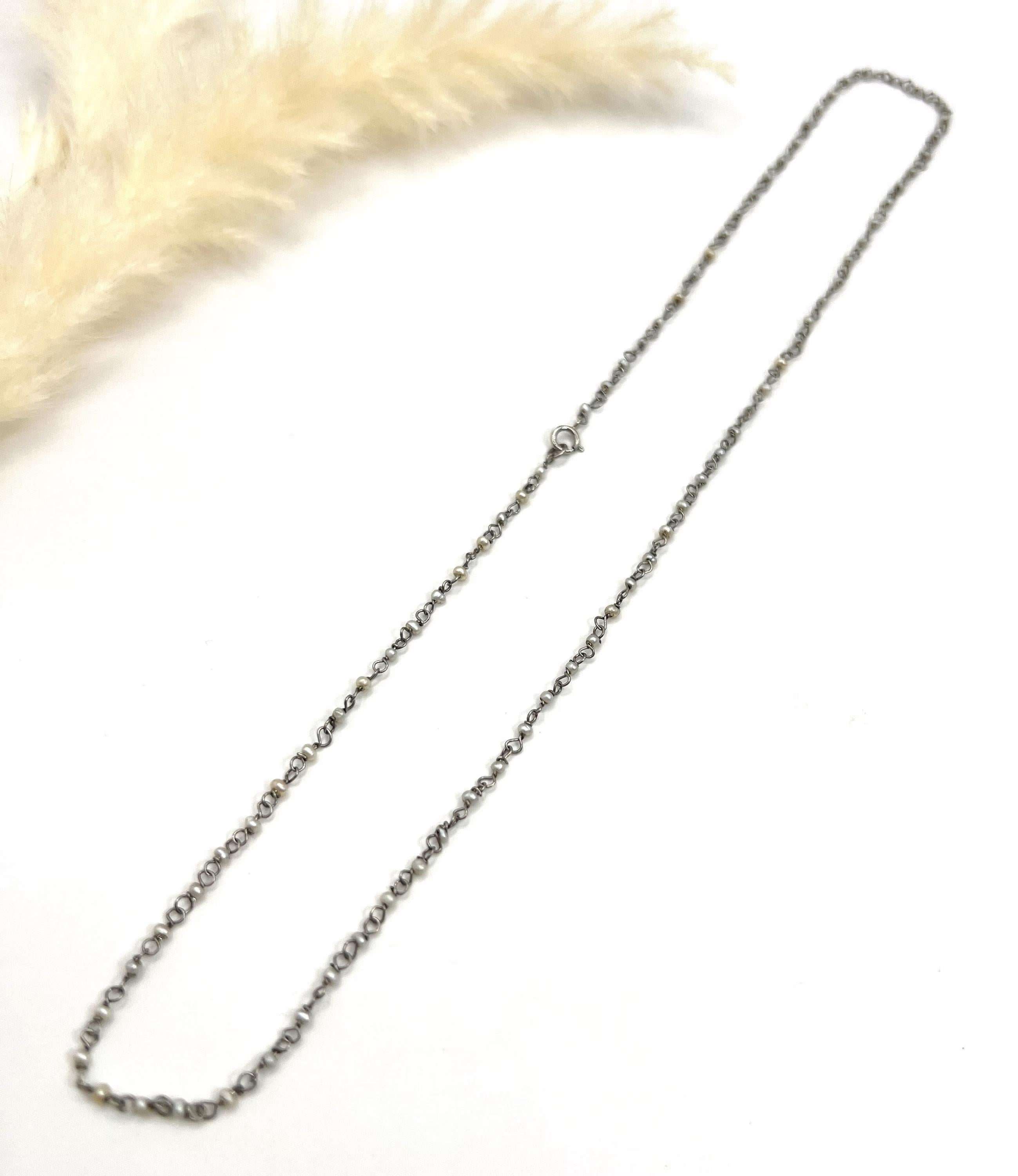 Antique Platinum Stamped, Edwardian era Seed Pearl Trace Link Necklace For Sale 2