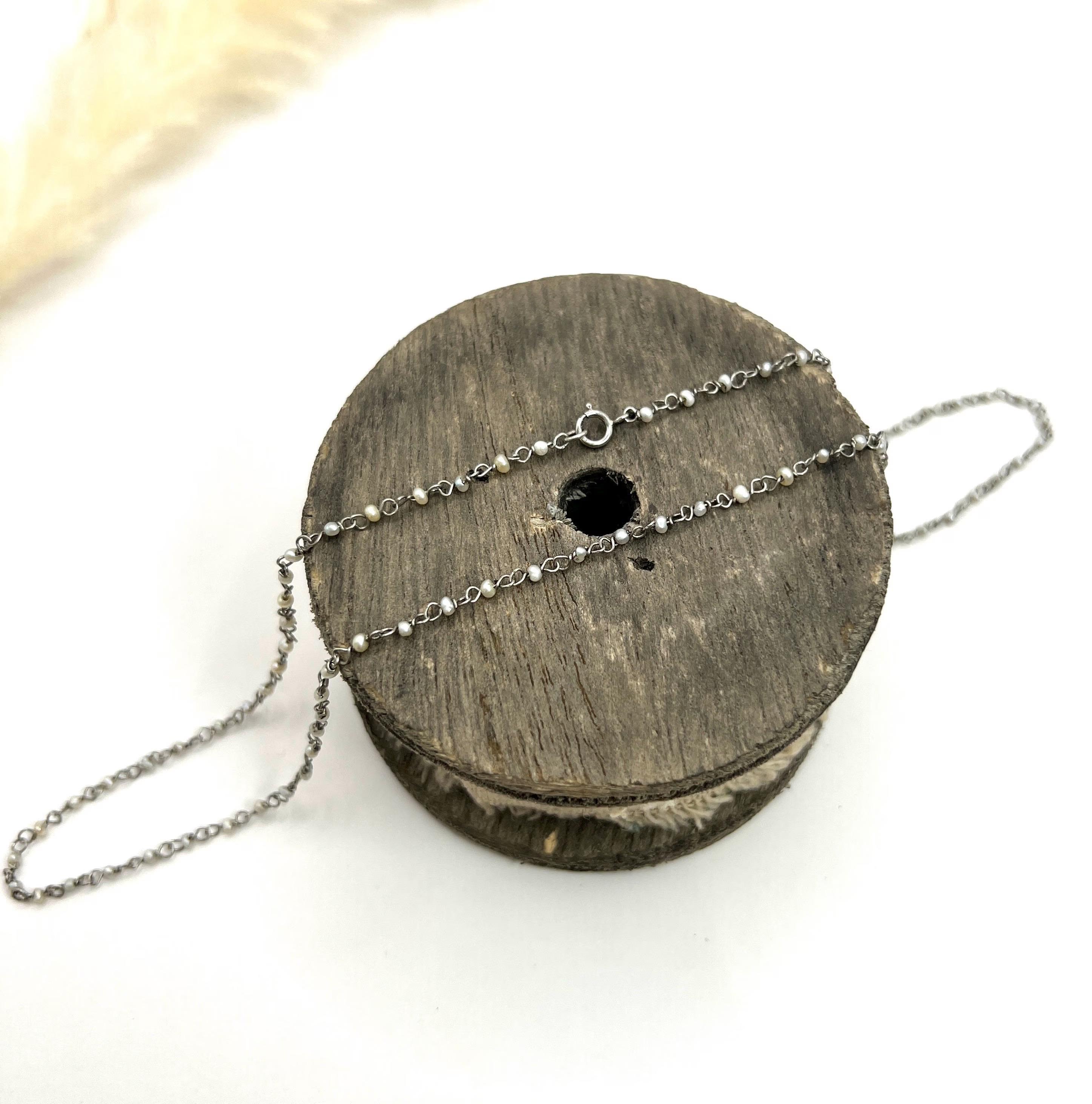 Antique Platinum Stamped, Edwardian era Seed Pearl Trace Link Necklace For Sale 3