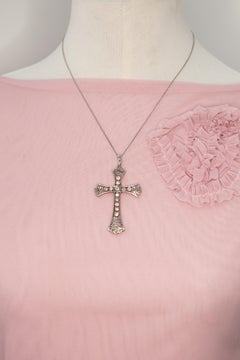 Antique Platinum-Tapped 14K Gold Old Mine Cut Diamond Openwork Cross Pendant