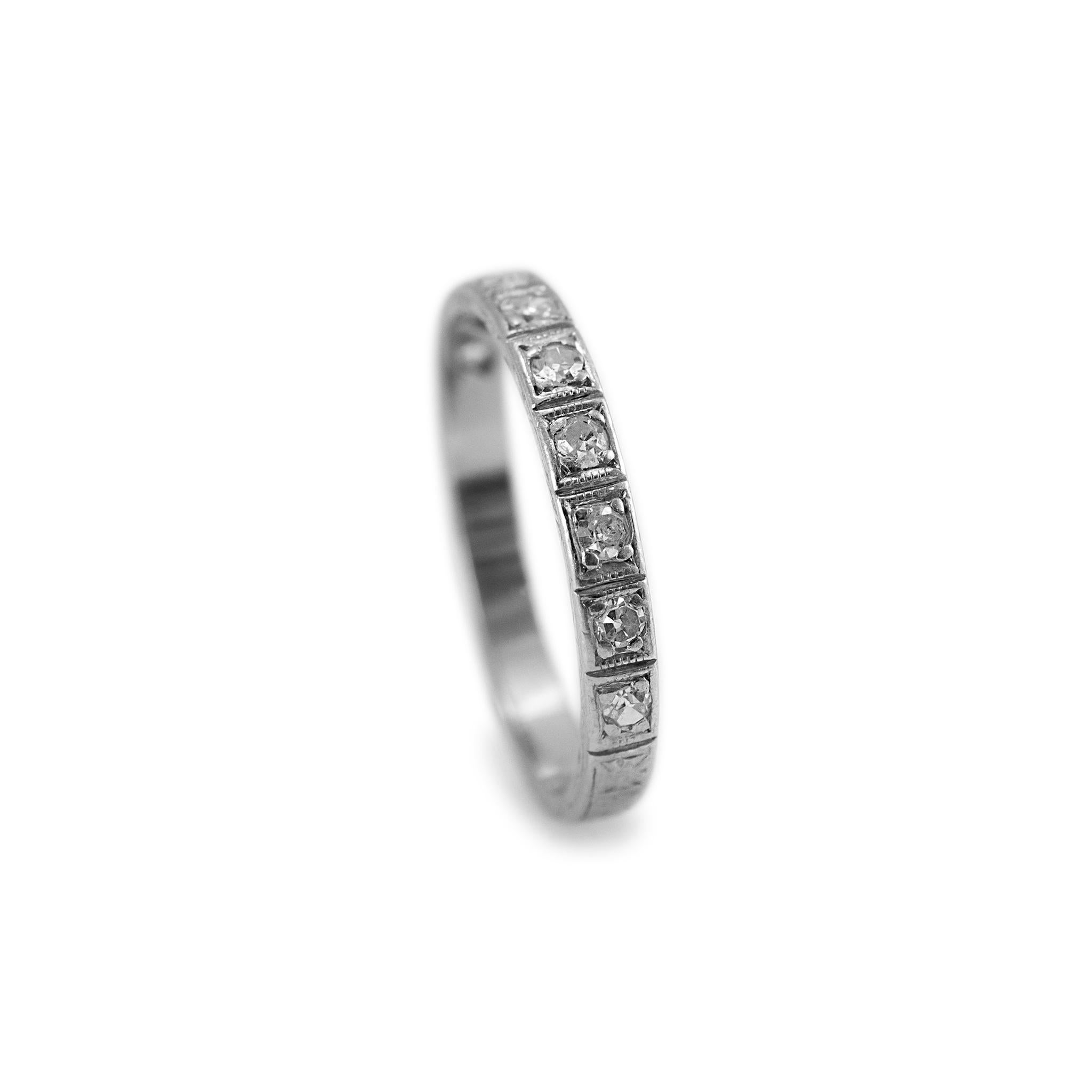 Antique Platinum Textured Half Eternity Diamond Wedding Band In Excellent Condition In Houston, TX