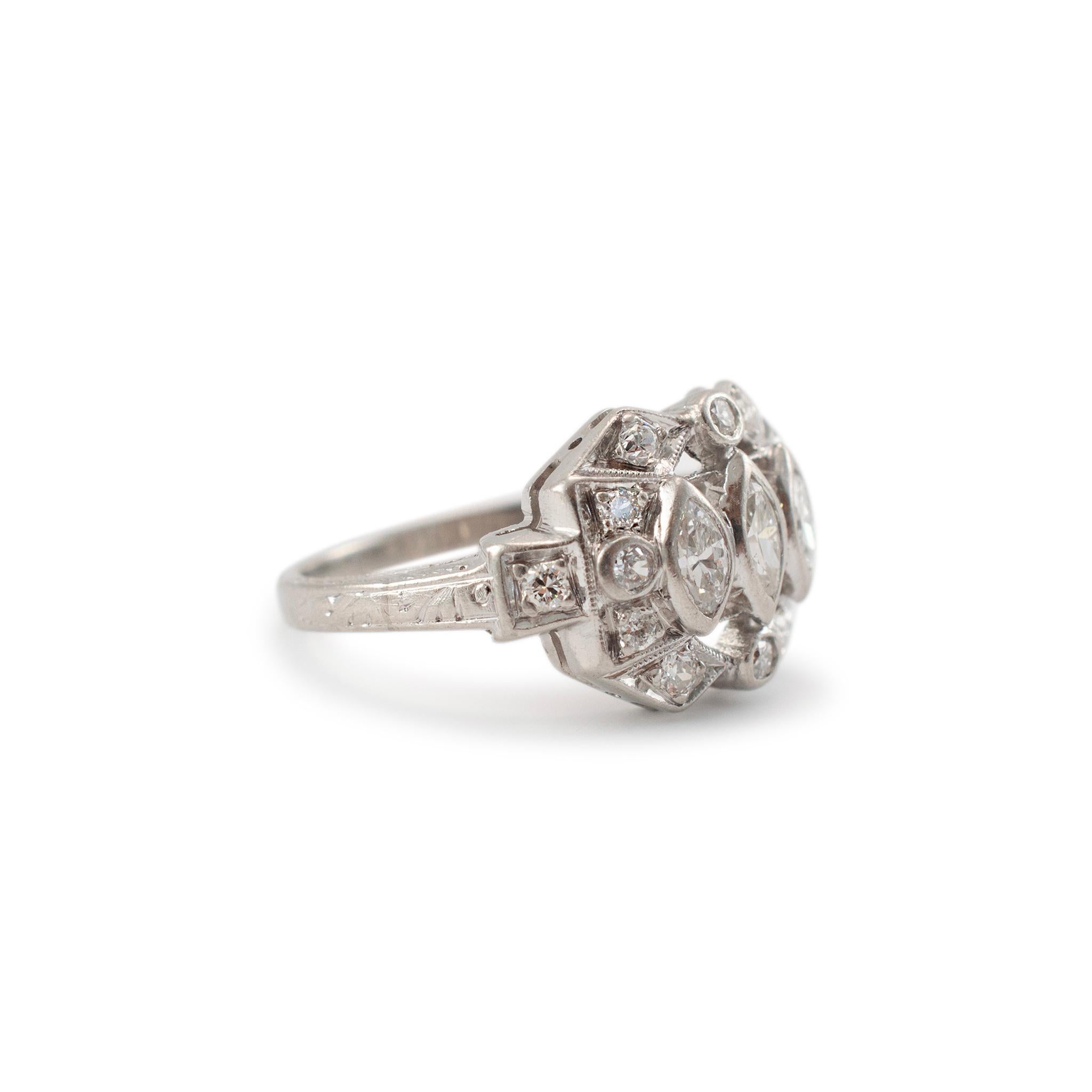 Marquise Cut Antique Platinum Three Stone Marquee & Old European Cut Diamond Cocktail Ring