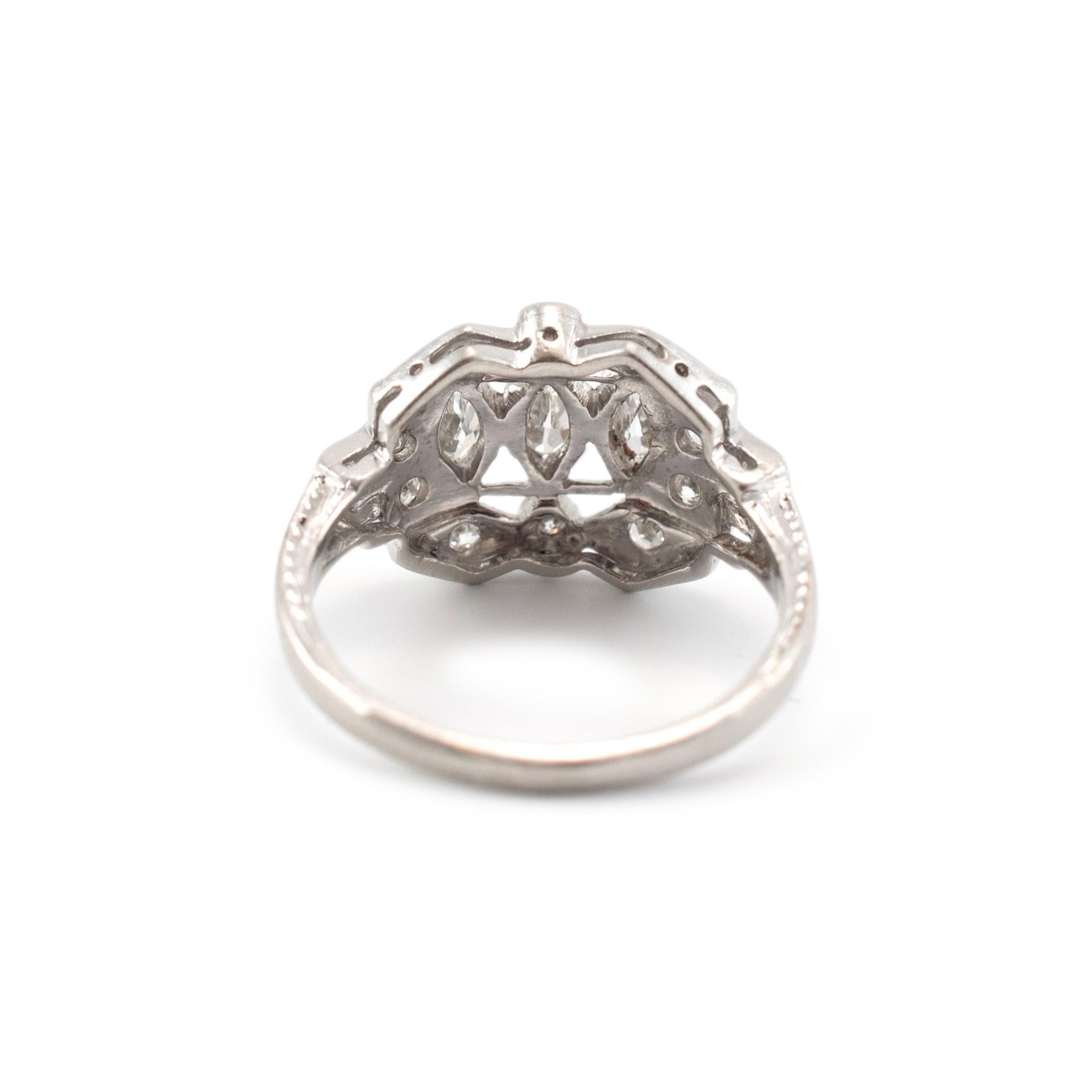 Antique Platinum Three Stone Marquee & Old European Cut Diamond Cocktail Ring In Excellent Condition In Houston, TX