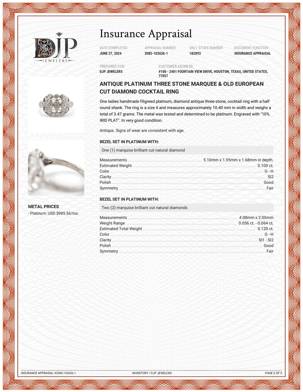 Antique Platinum Three Stone Marquee & Old European Cut Diamond Cocktail Ring 1