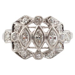 Antique Platinum Three Stone Marquee & Old European Cut Diamond Cocktail Ring