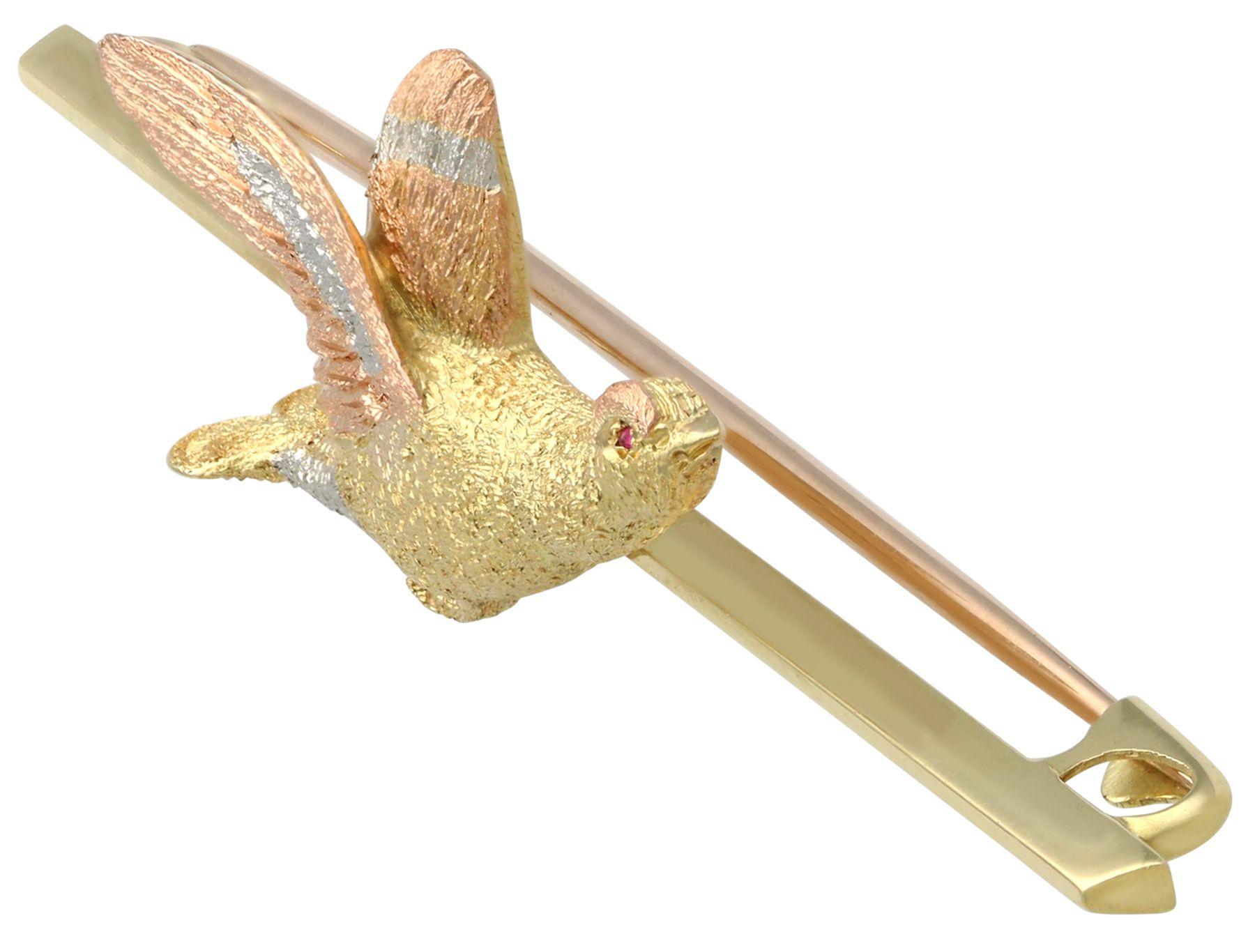 Antique Platinum Yellow and Rose Gold Bird Bar Brooch For Sale 1