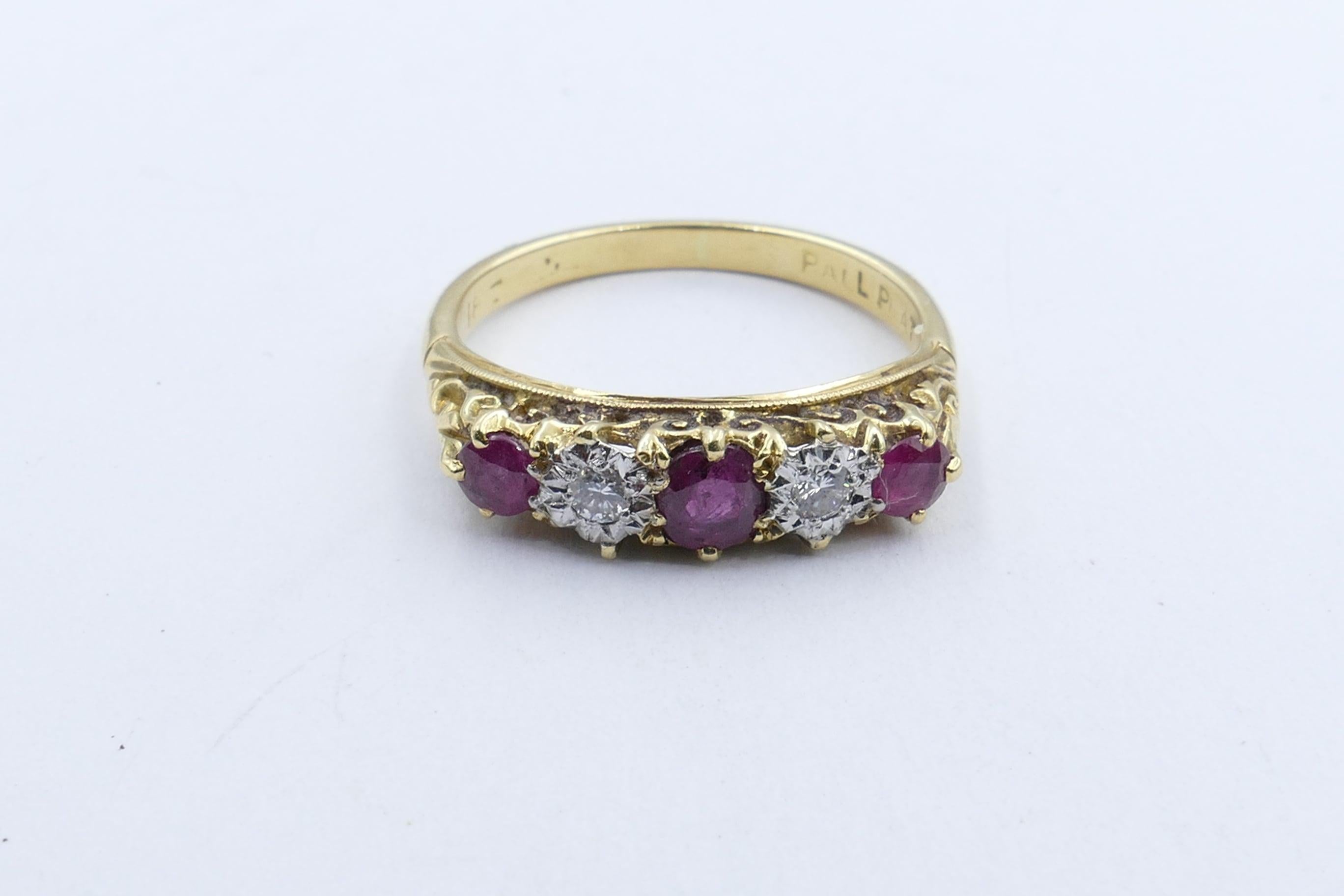 Mixed Cut Antique Platinum and Yellow Gold Ruby and Diamond Band Ring