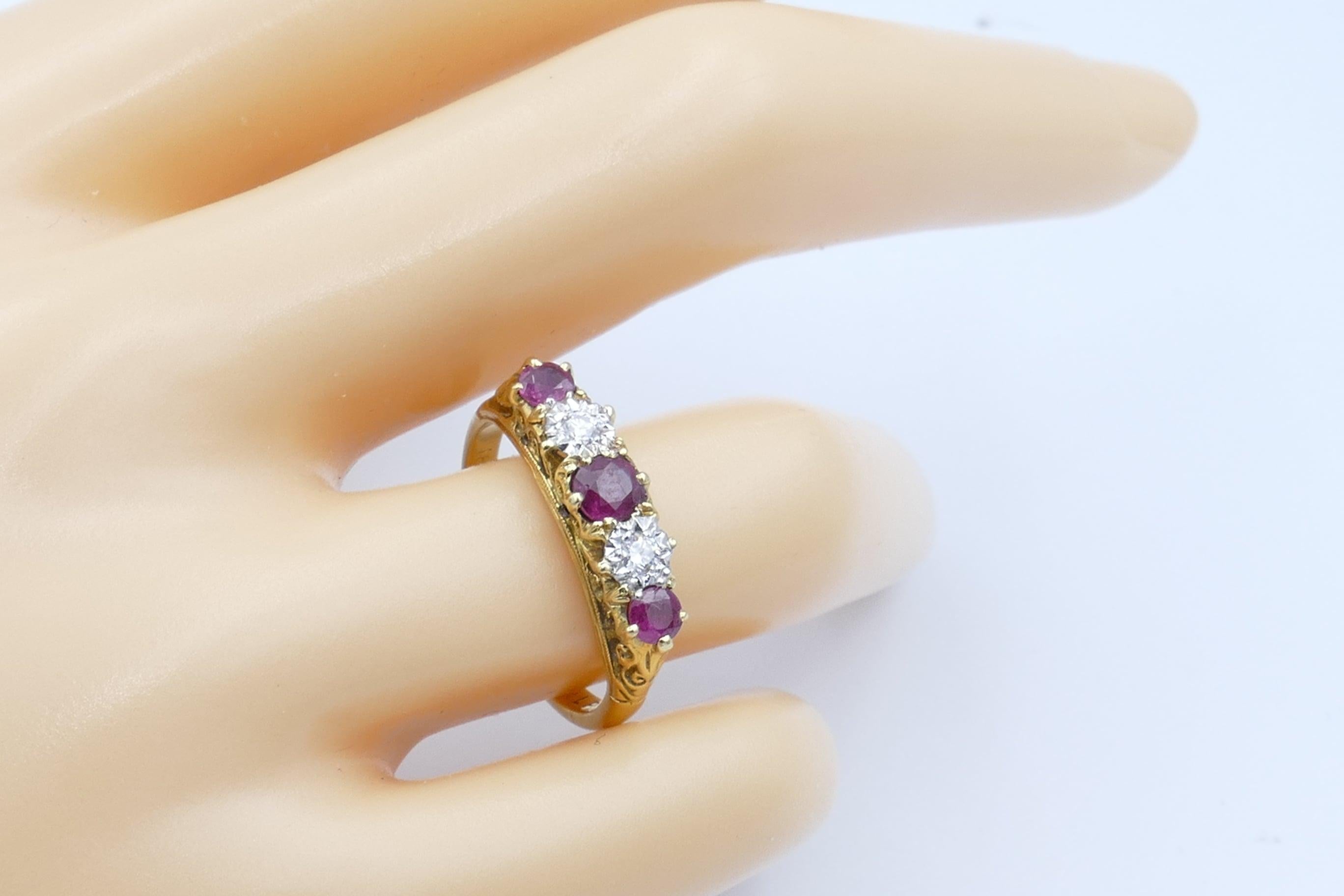 Antique Platinum and Yellow Gold Ruby and Diamond Band Ring In Excellent Condition In Splitter's Creek, NSW