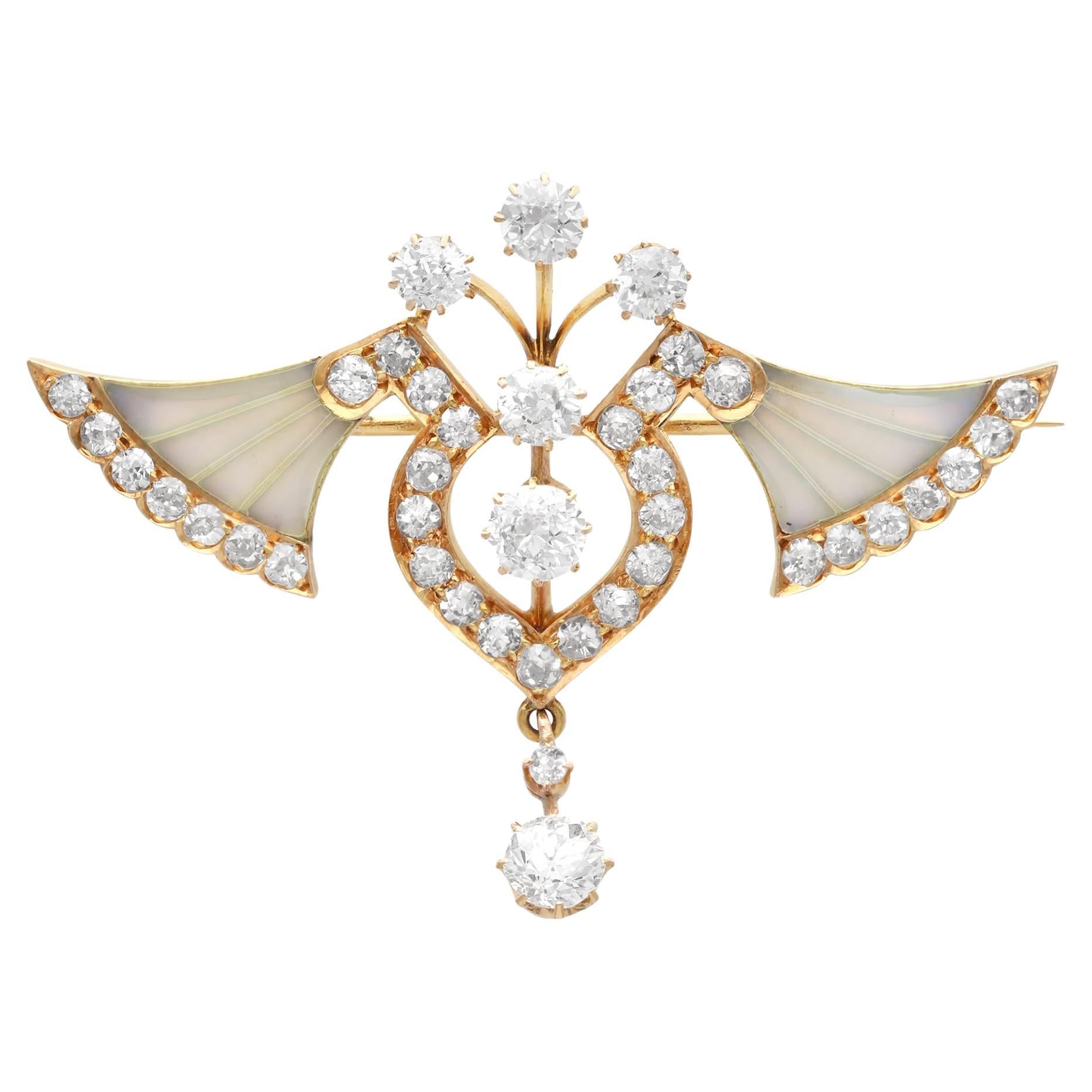 Antique Plique-a-Jour and 4.23Ct Diamond, 21k Yellow Gold Brooch Circa 1890