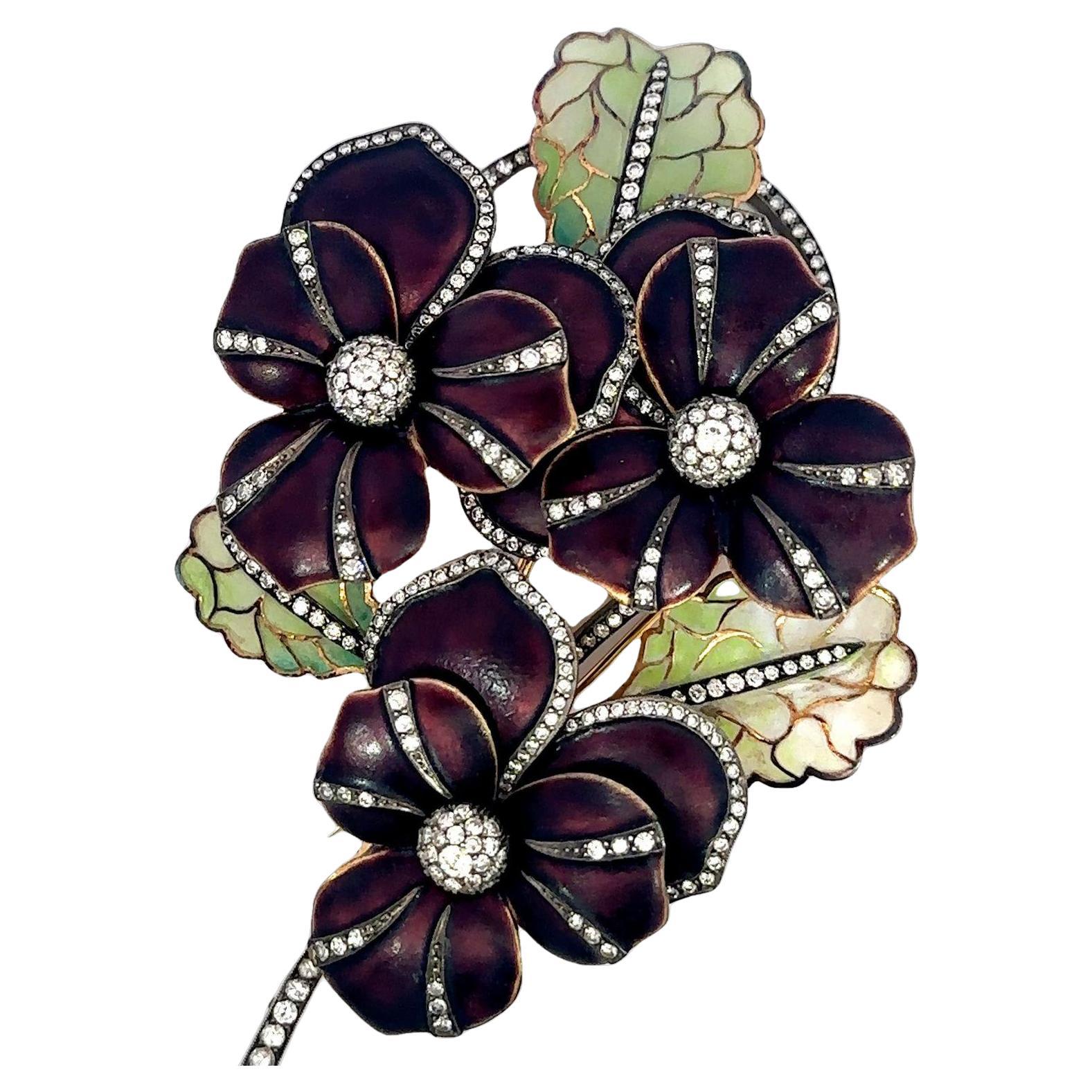Antiguo Broche Flor Tremblant Plique a Jour y Diamante Oro 18 Kilates Móvil