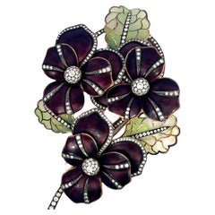 Antique Broche Fleur Tremblant Plique a Jour et Diamant Or 18 Carat Mobile