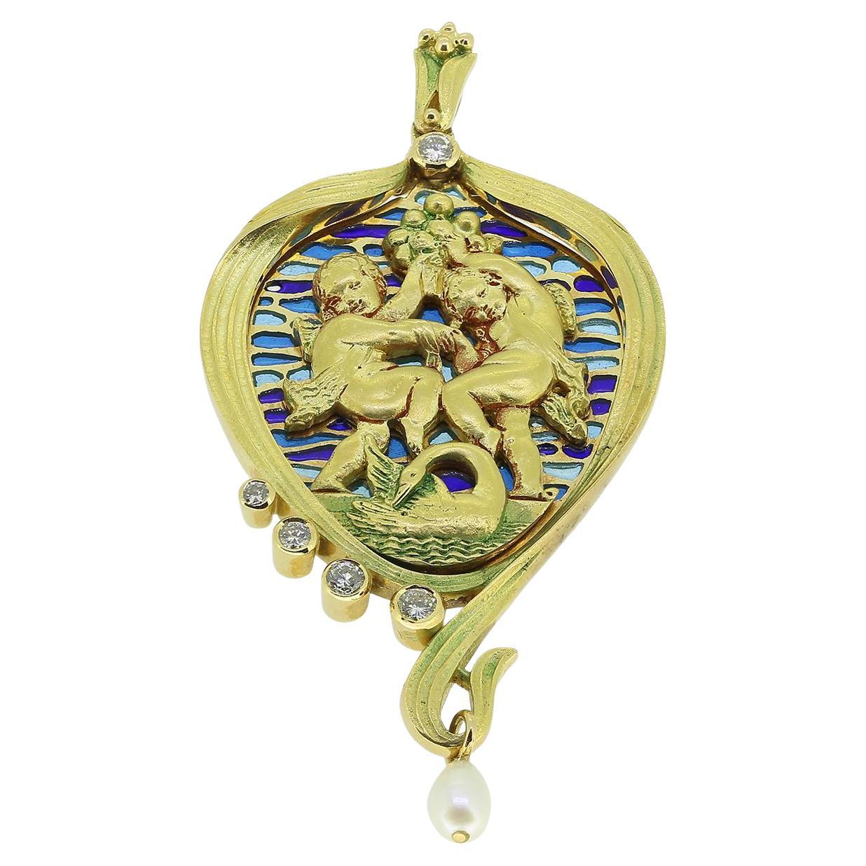 Pendentif ancien Plique-à-Jour Chérubin