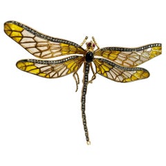 Antique Plique-à-Jour Dragonfly Brooch with Gold and Gemstones