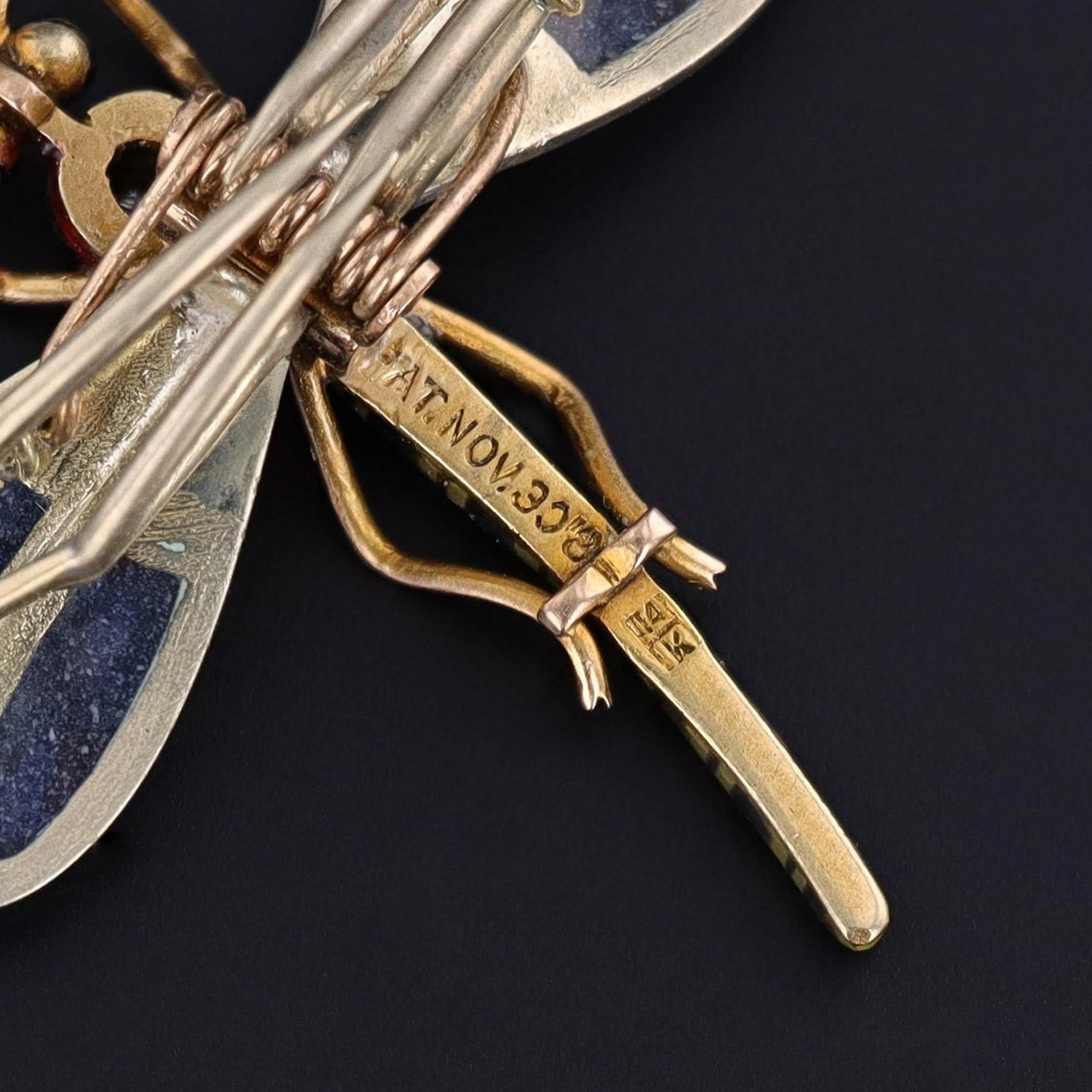 Round Cut Antique Plique a Jour Enamel Dragonfly Clip of 14k Gold For Sale