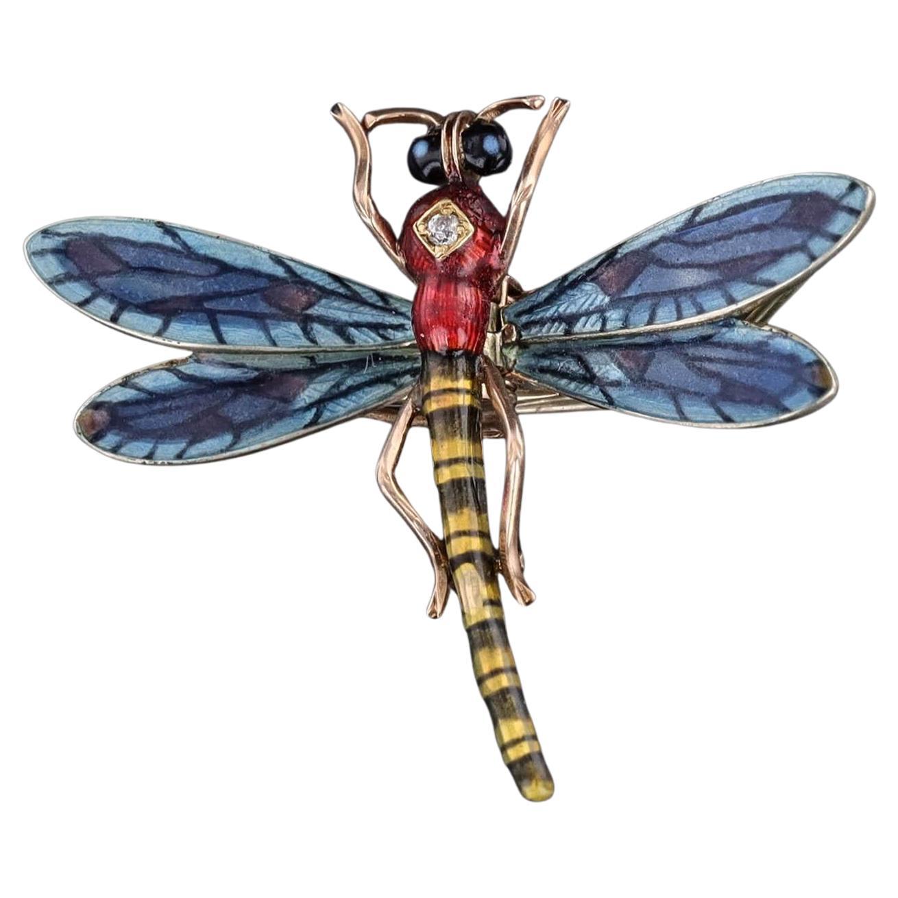 Antique Plique a Jour Enamel Dragonfly Clip of 14k Gold