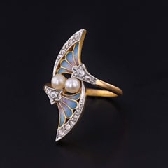 Antique Plique a Jour Enamel Ring with Pearl & Diamond